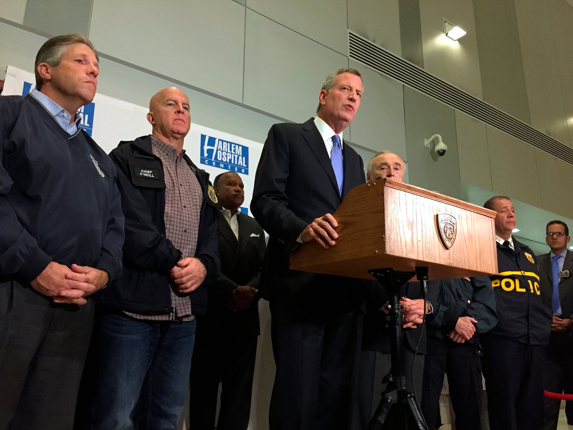 Bill de Blasio speaks during a press conference with William Bratton in New York.