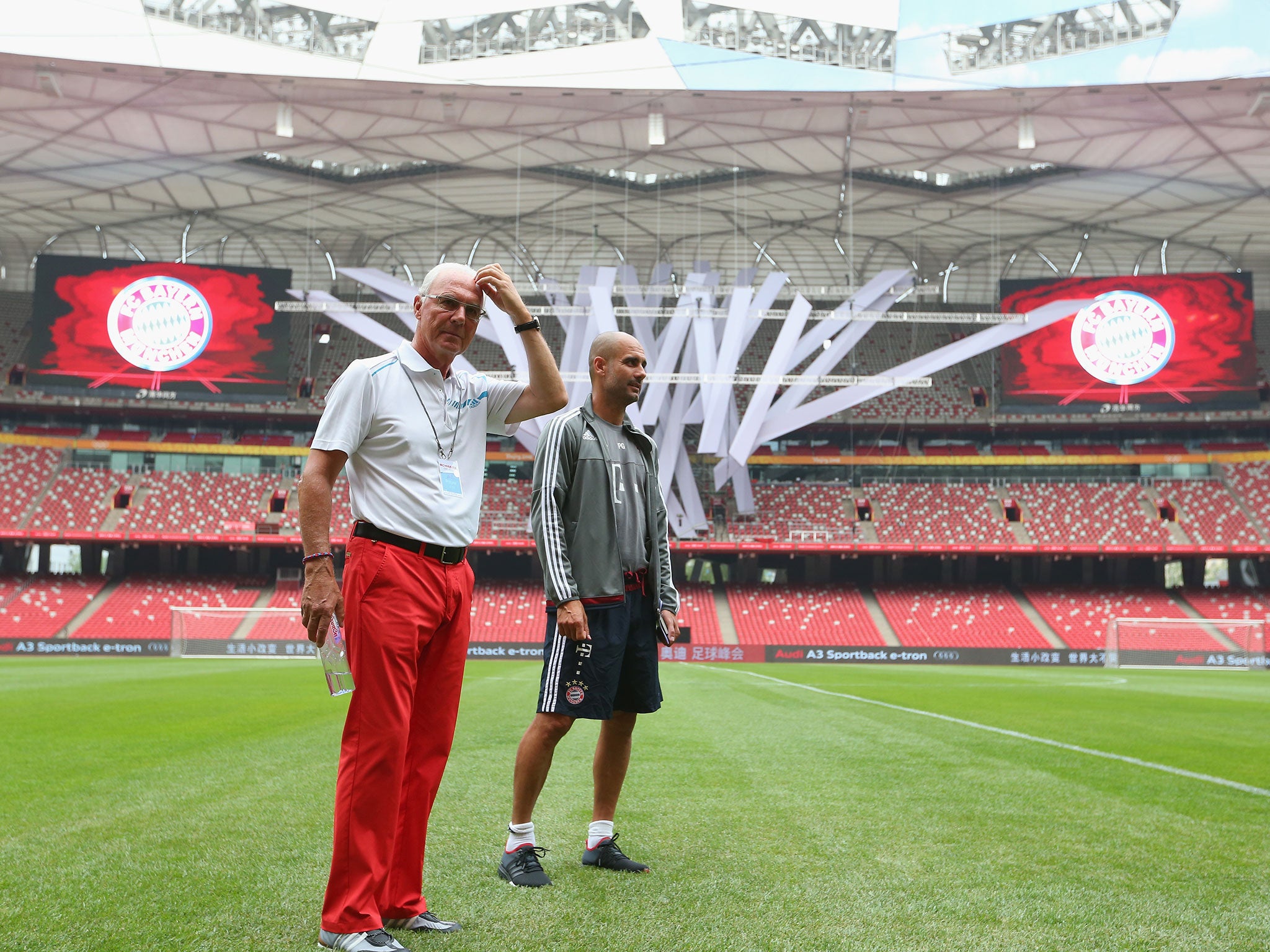 Franz Beckenbauer with Pep Guardiola at the Allianz Arena