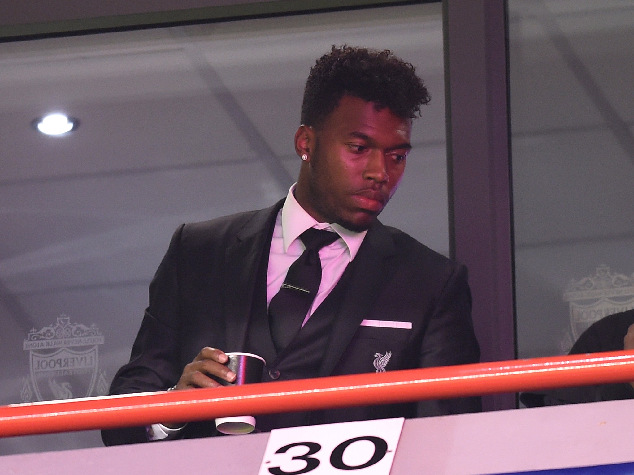 Daniel Sturridge watches on from the stands during Liverpool's Europa League meeting with Rubin Kazan