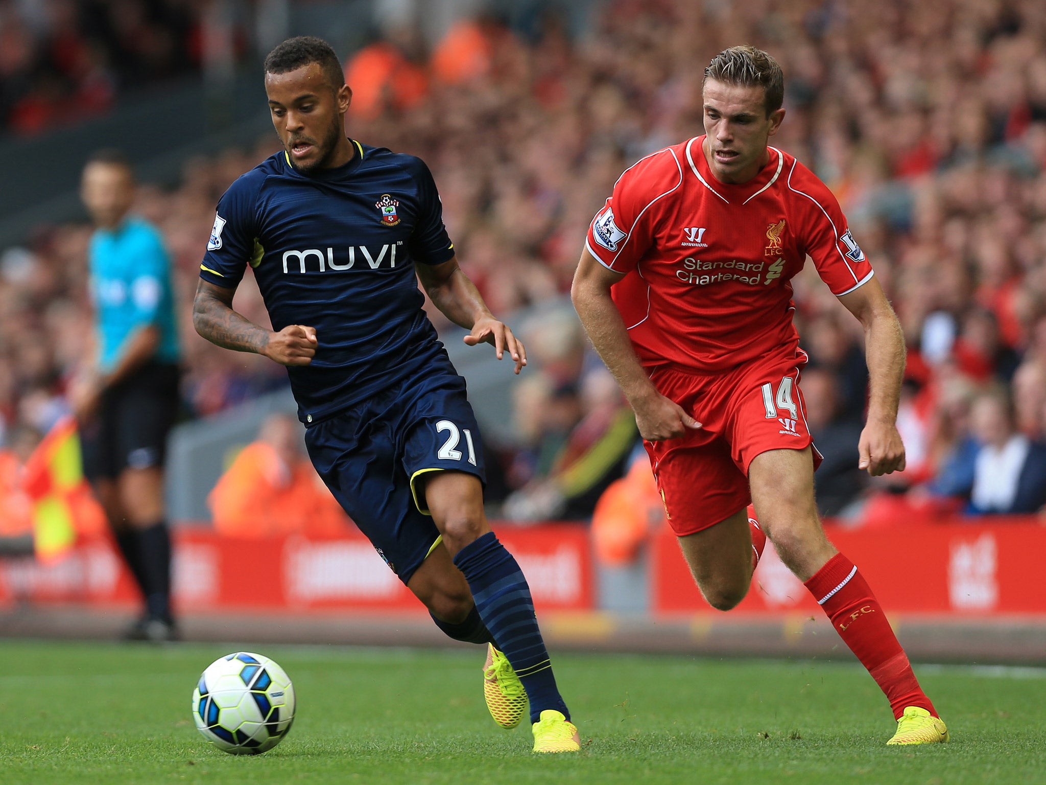 Liverpool's Jordan Henderson pursues Southampton's Ryan Bertrand in last season's fixture at Anfield