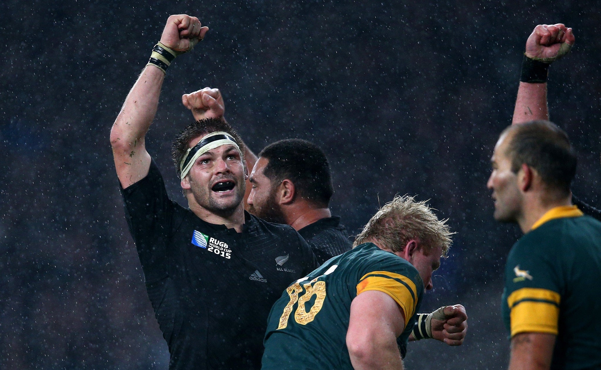 Richie McCaw celebrates victory for New Zealand against South Africa