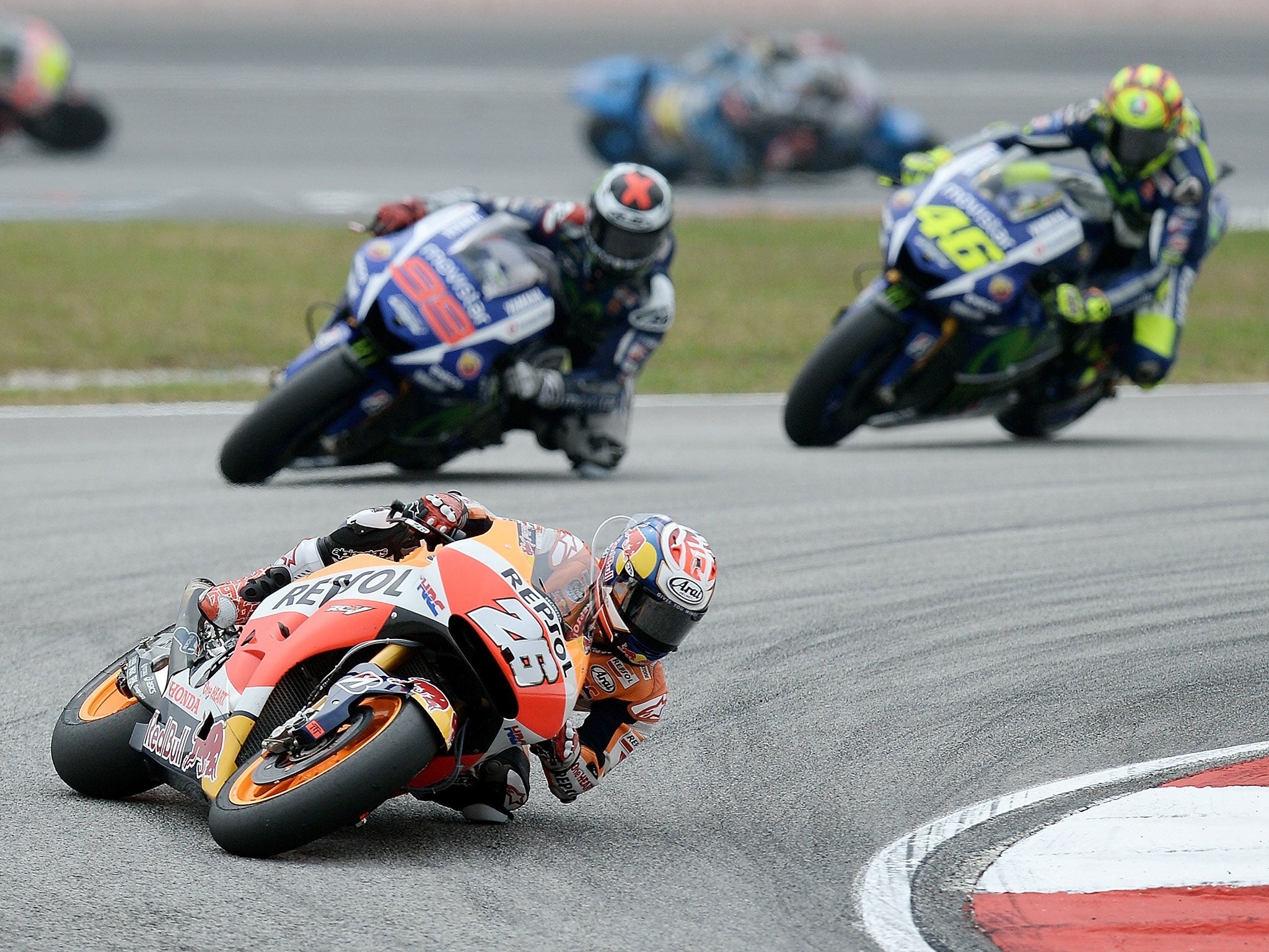 Dani Pedrose leads Jorge Lorenzo and Valentino Rossi