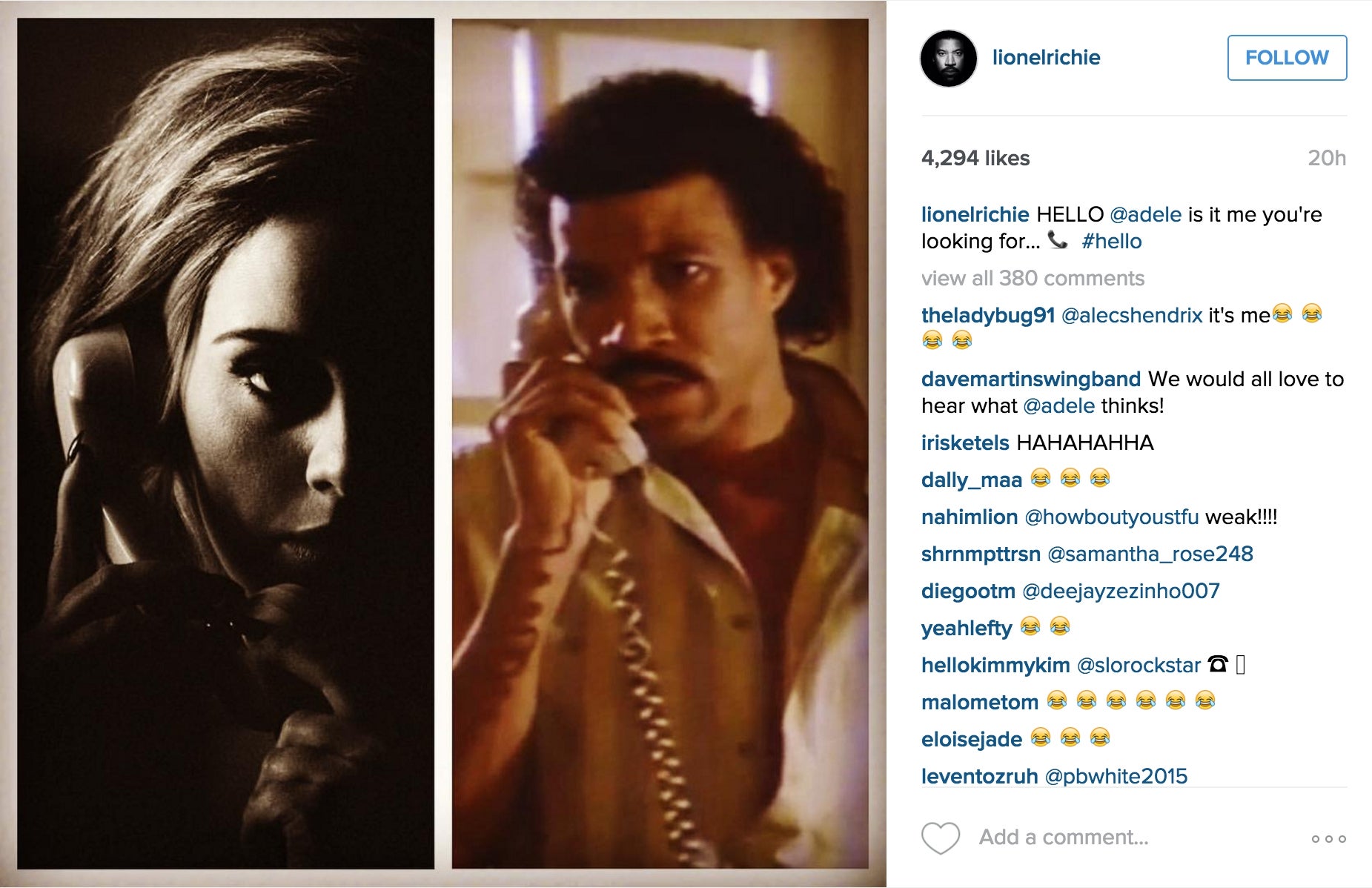 Lionel Richie's Instagram response to Adele's song 'Hello'