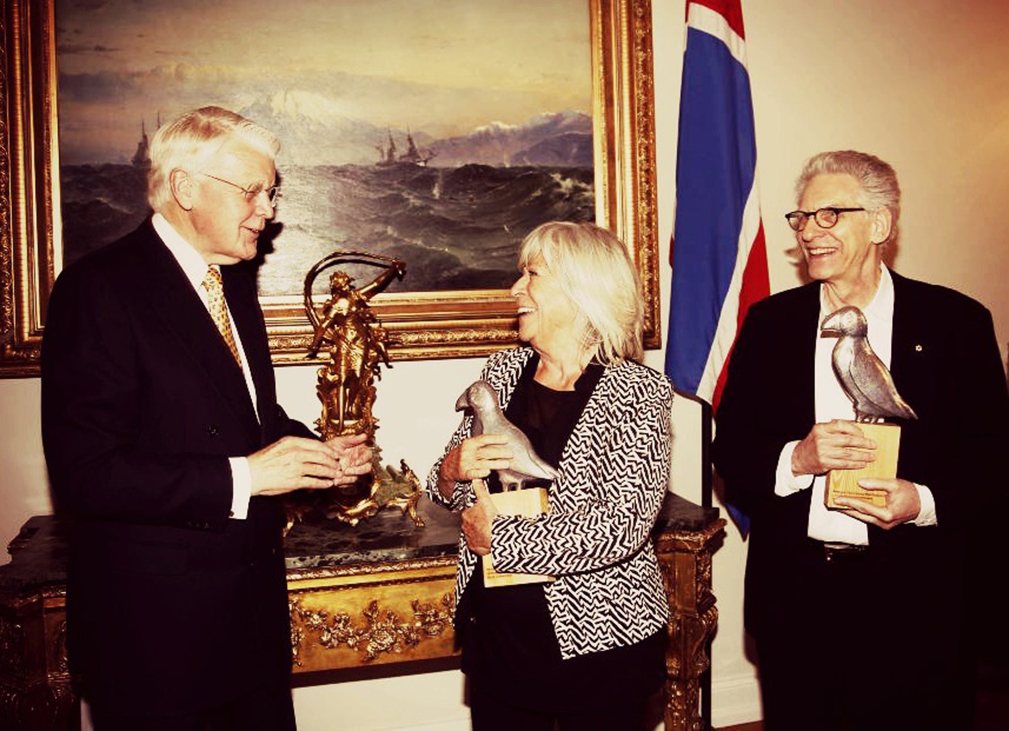 Filmmakers David Cronenberg and Margarethe von Trotta are presented with honorary, lifetime award silver “puffins” by the Icelandic President, Ólafur Ragnar Grímsson during the Reykjavik Film Festival.