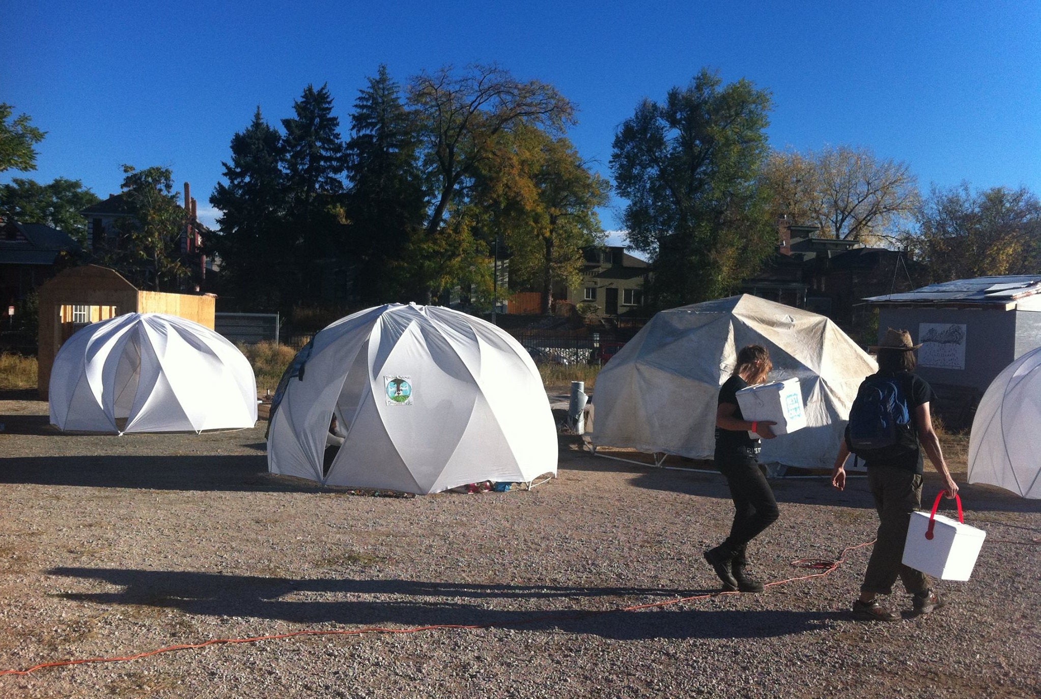Activists set up "tiny homes" in Denver, Colorado.
