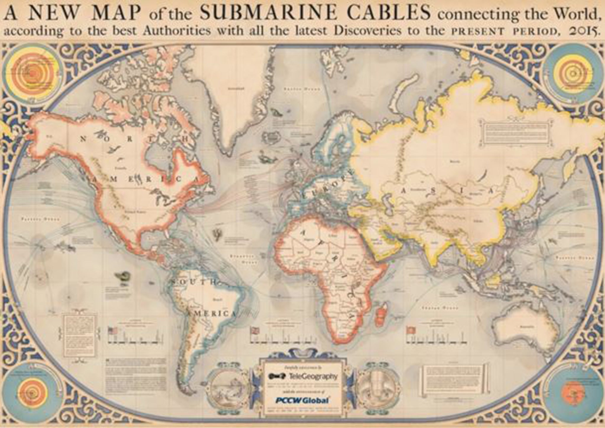 A vintage style map of undersea fiber-optic cables