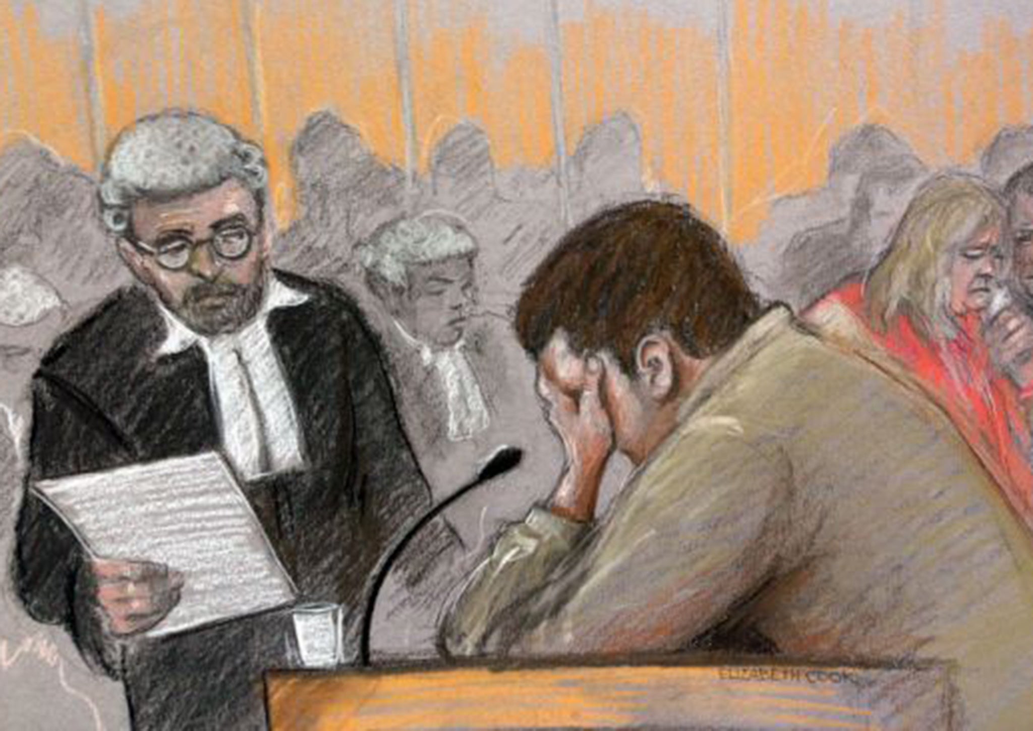 Court artist sketch by Elizabeth Cook of Nathan Matthews crying in the dock