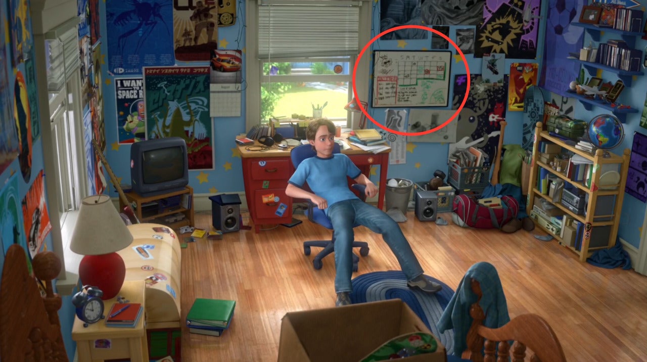 &#13;
Toy Story 3's Andy relaxing in his bedroom in the film&#13;