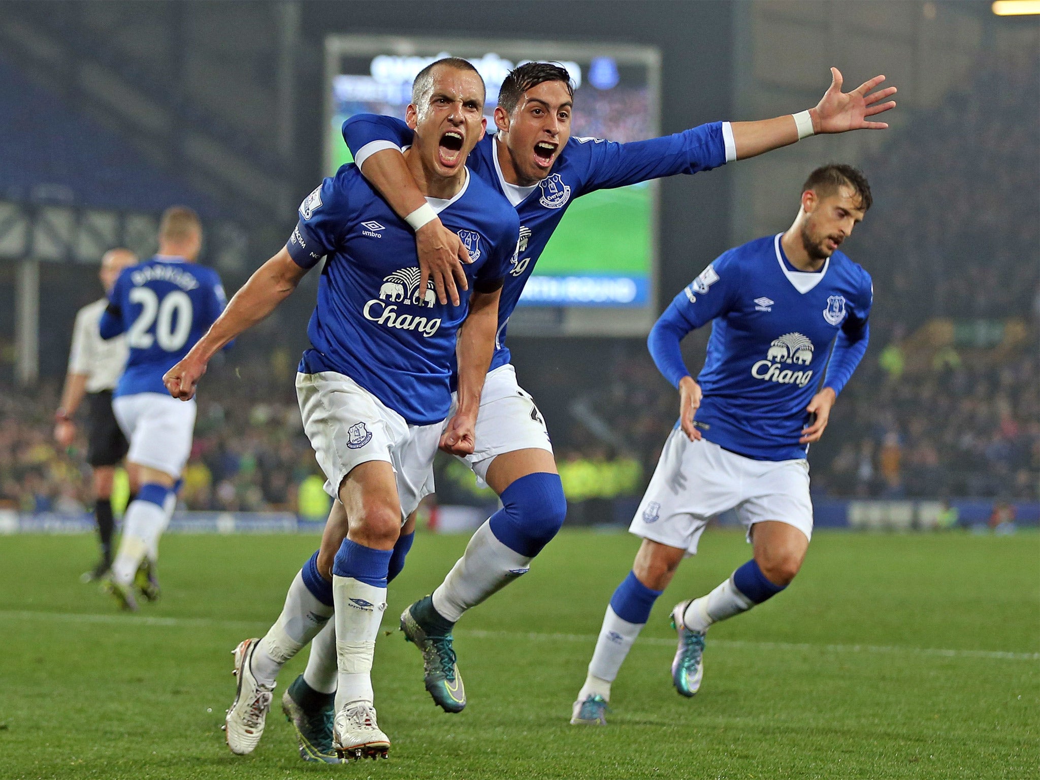 Leon Osman celebrates his equaliser in the second half