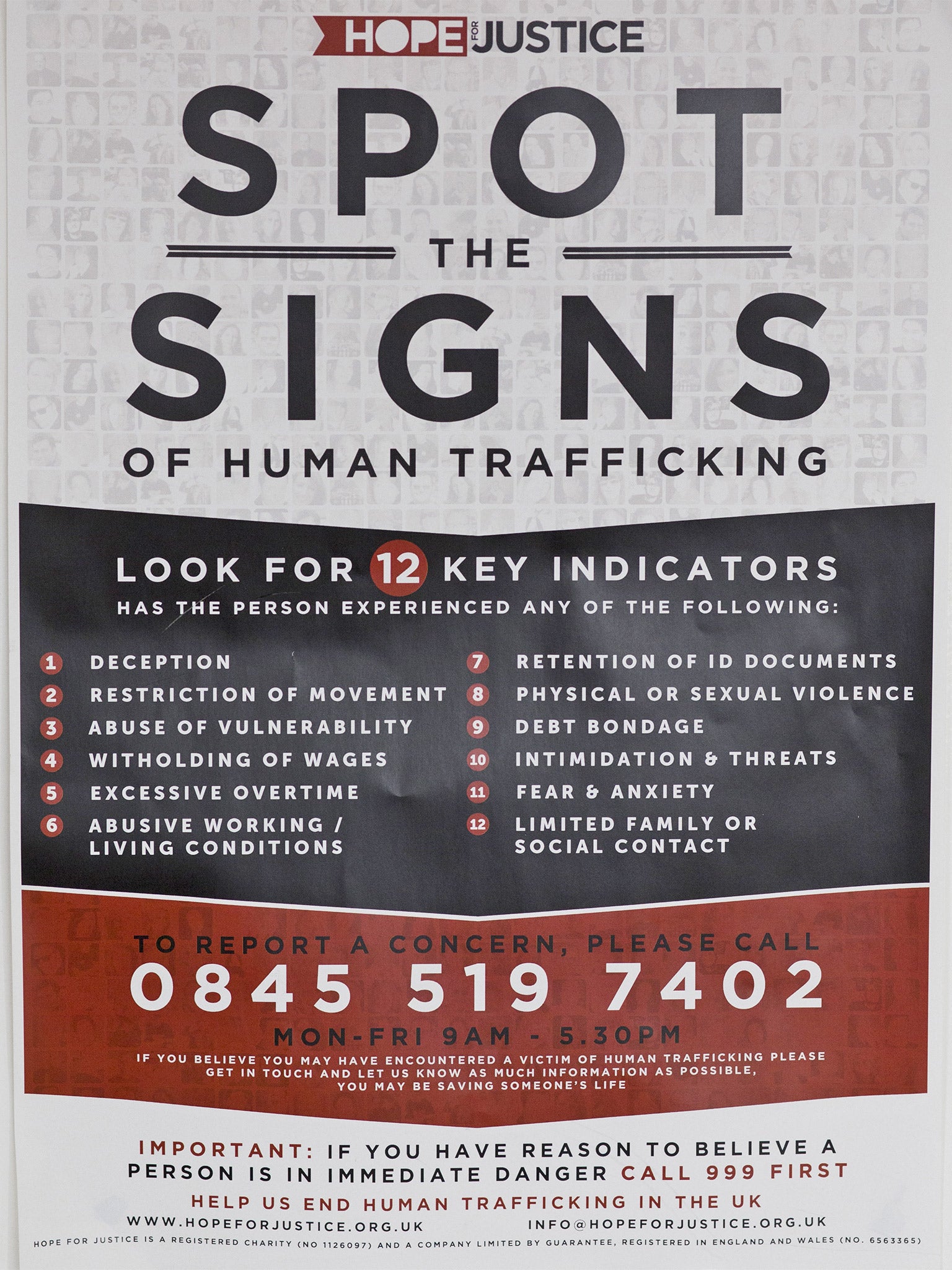 A poster showing signs to look for in spotting human trafficking