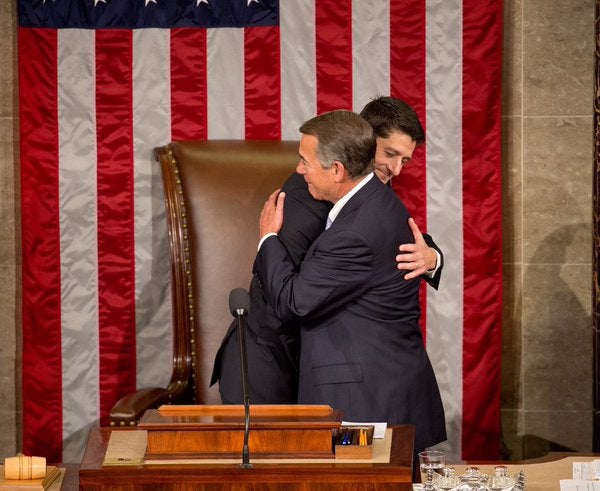 &#13;
John Boehner hugs his successor Paul Ryan. Andrew Harnik/Associated Press&#13;