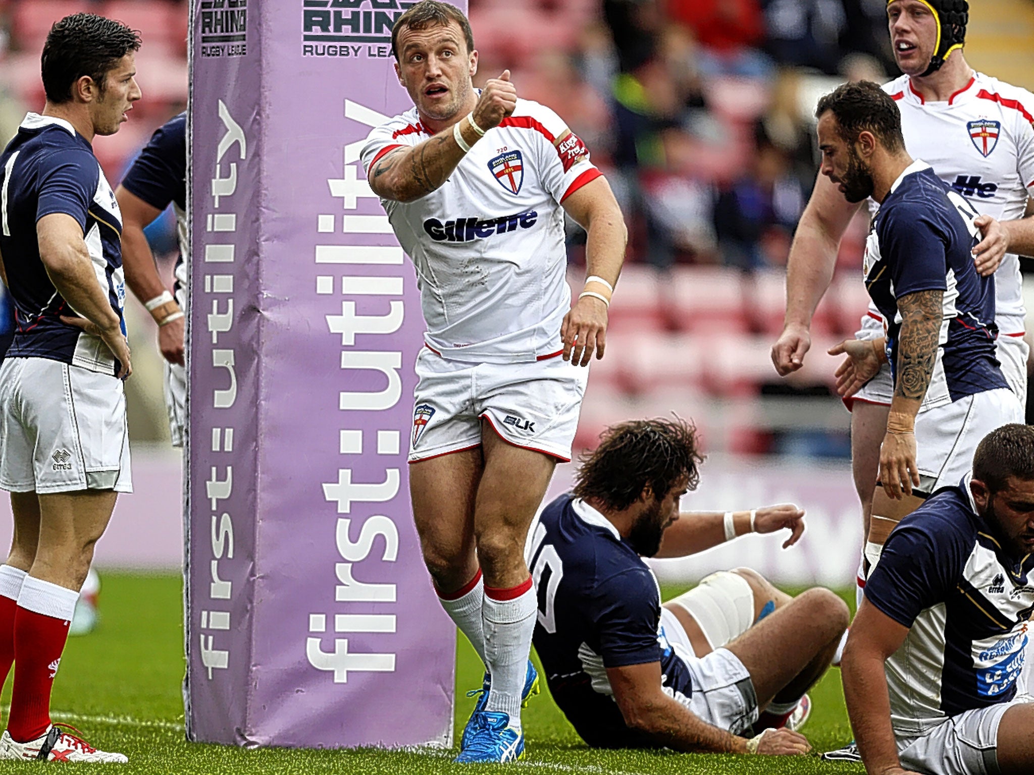 Josh Hodgson celebrates after scoring a try during England’s demolition of France last week