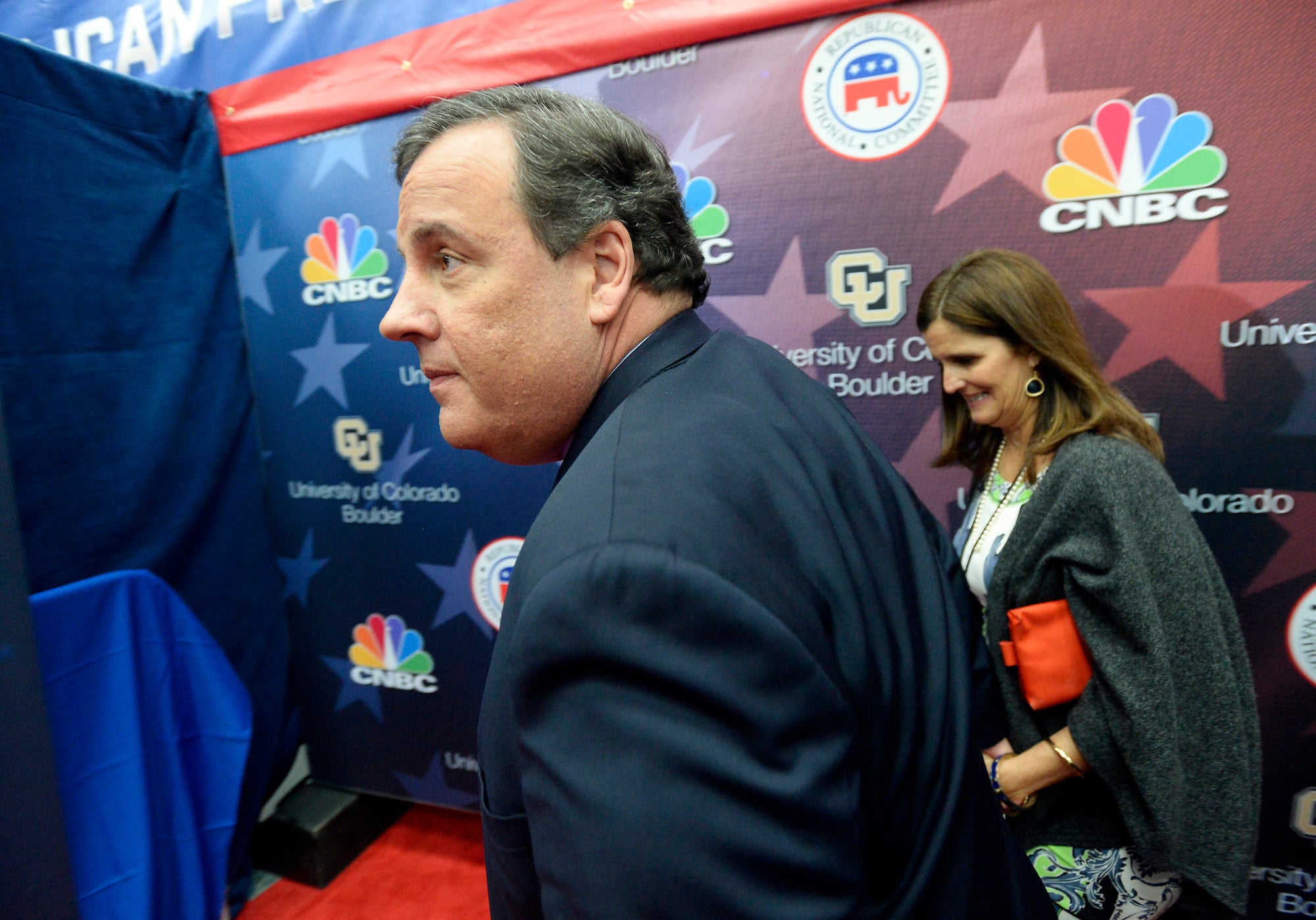 Chris Christie prepares for interviews after the debate. Associated Press