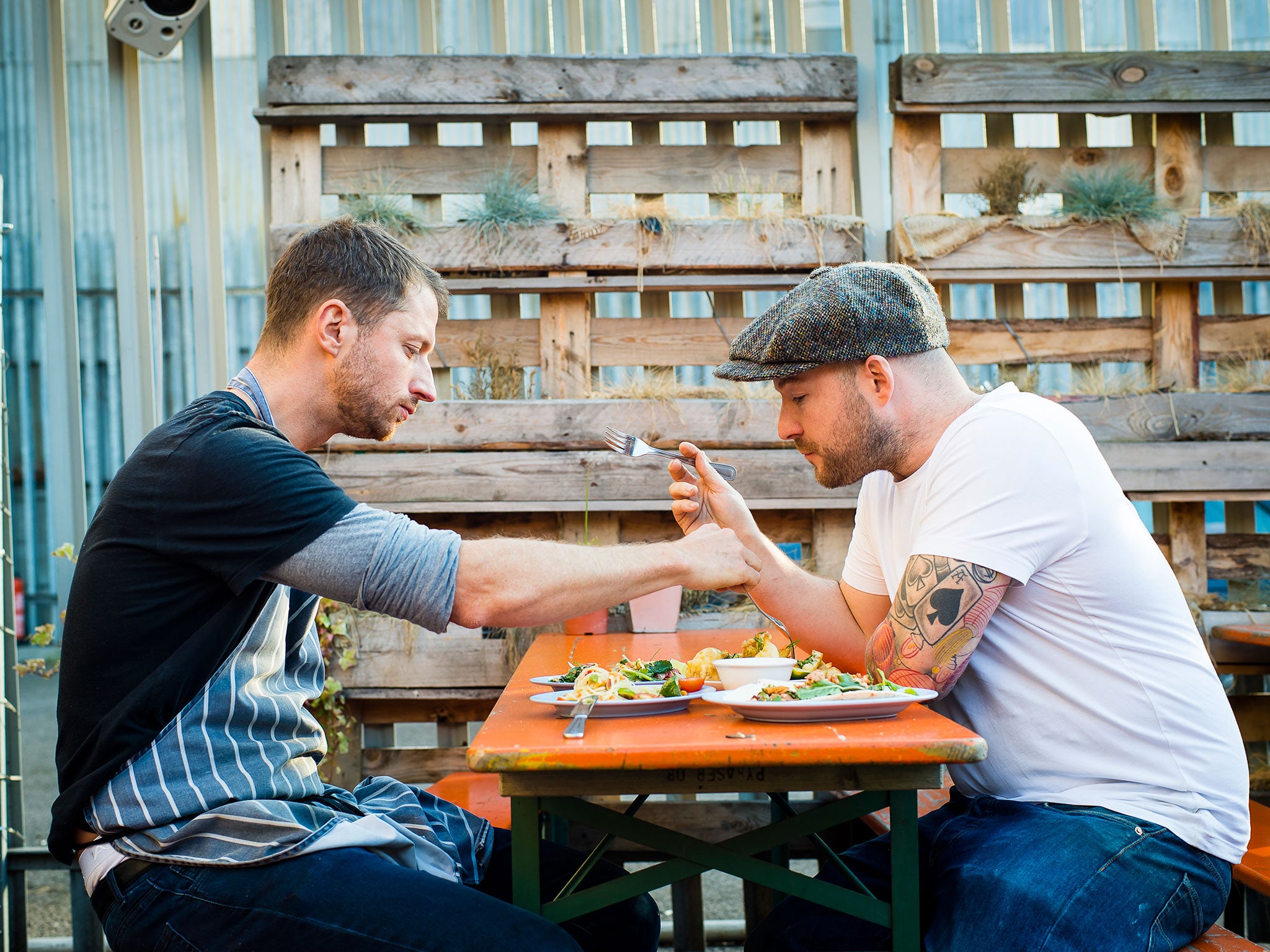 Andy Oliver, left, and Neil Rankin tuck in