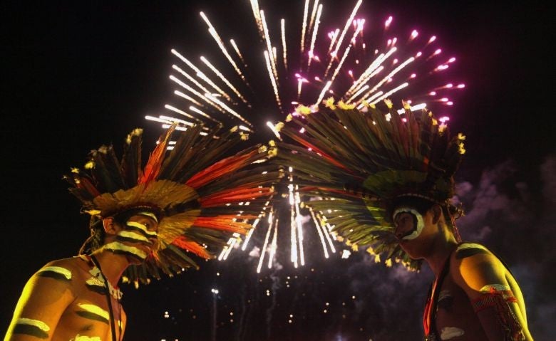 Brazilian indigenous people watch the closing ceremony of the World Indigenous Games