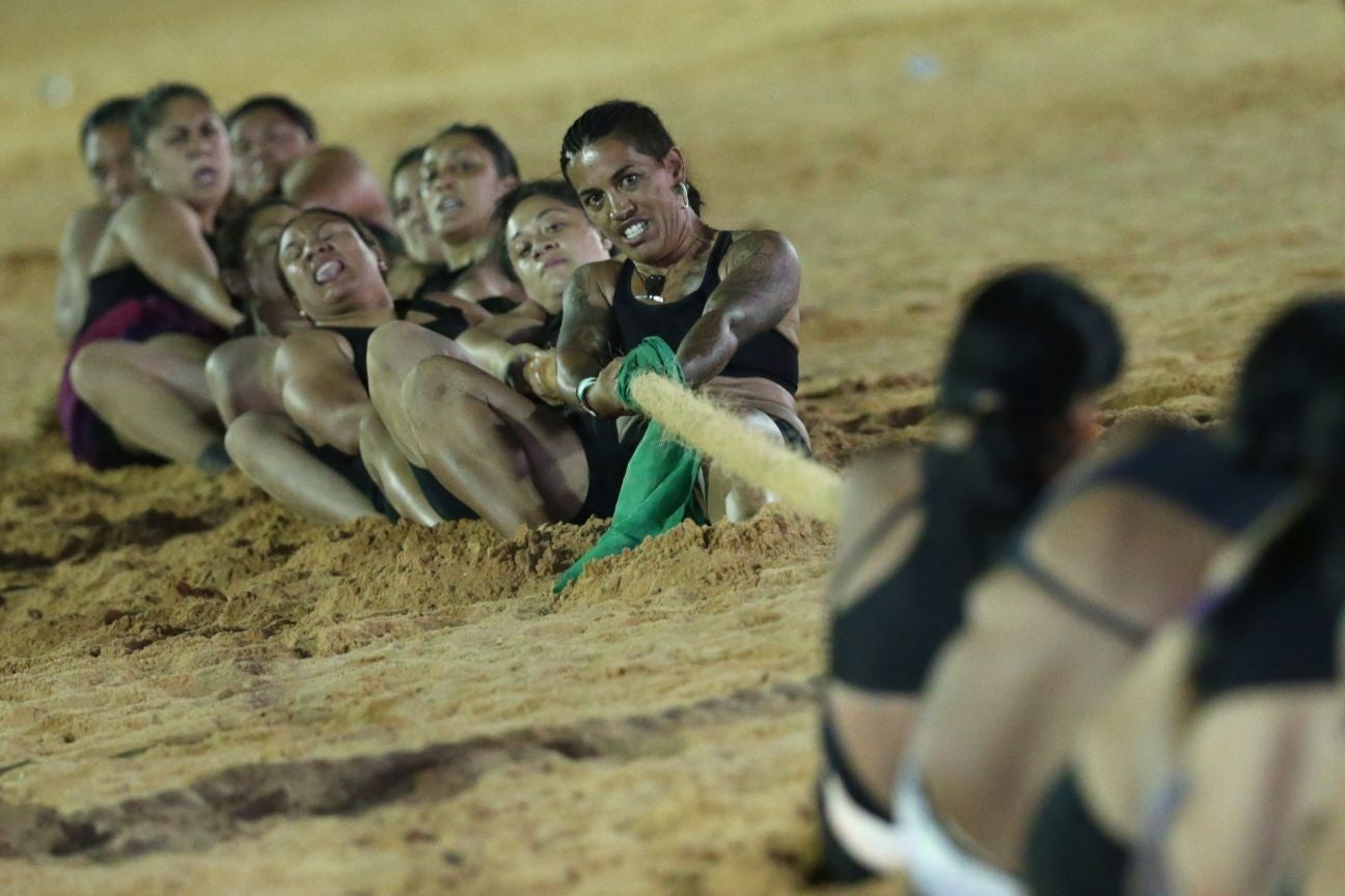 Maori women from New Zealand take part in the final of the Tug of War (AP)