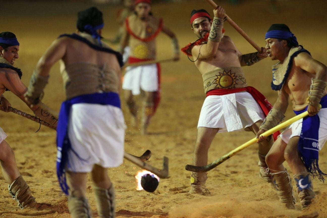 Mexican delegates play 'Pelota Purepecha' during the final days of the games (AP)