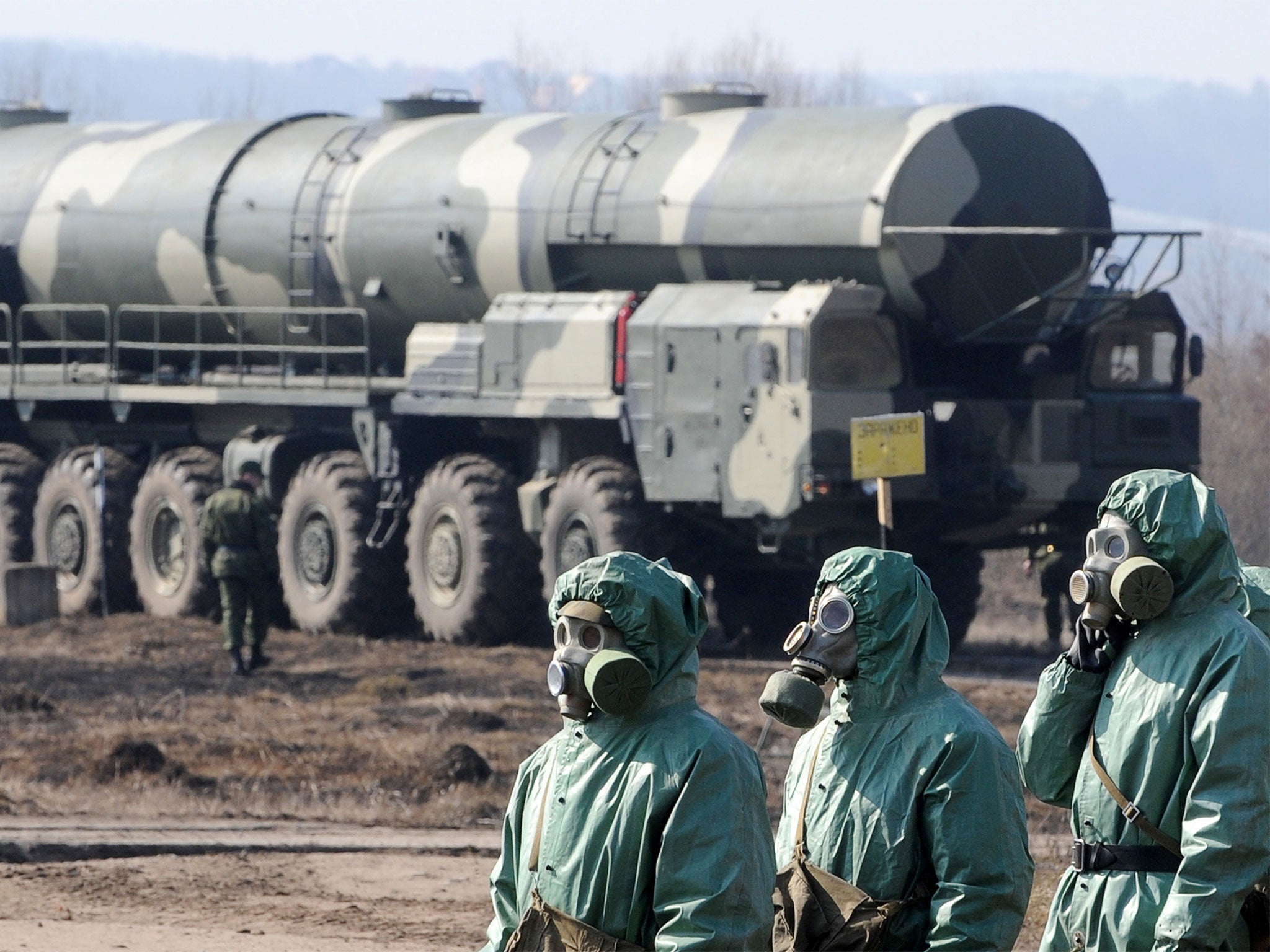 Russian troops in protective gear during training in 2010