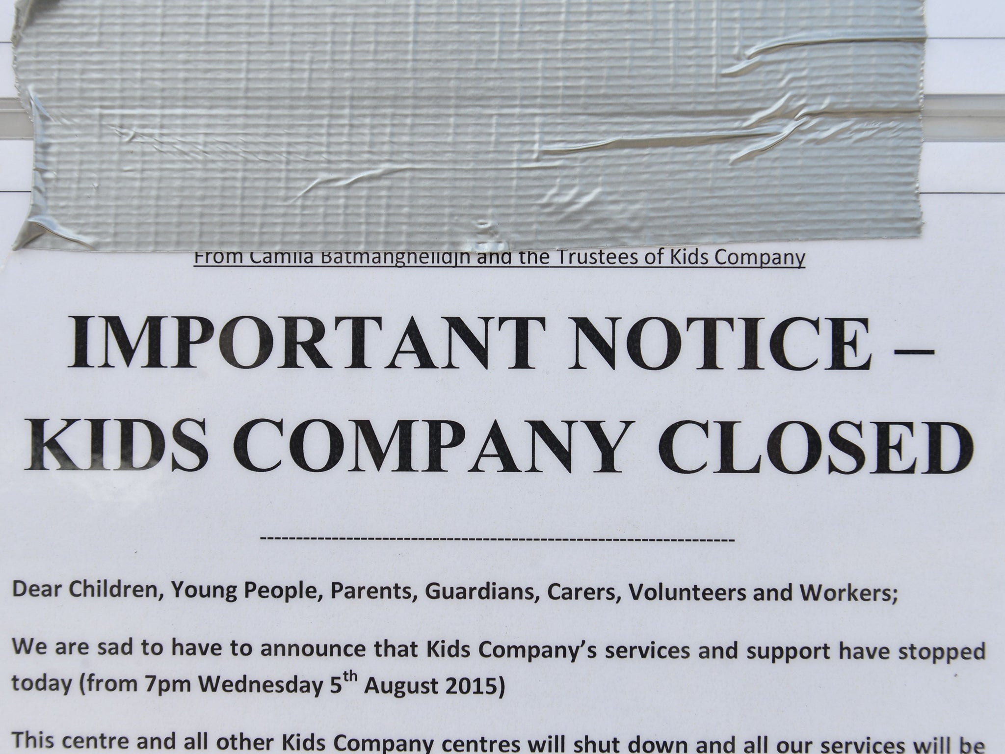 &#13;
Kids Company and its premises on Hinton Road, London were closed in August &#13;