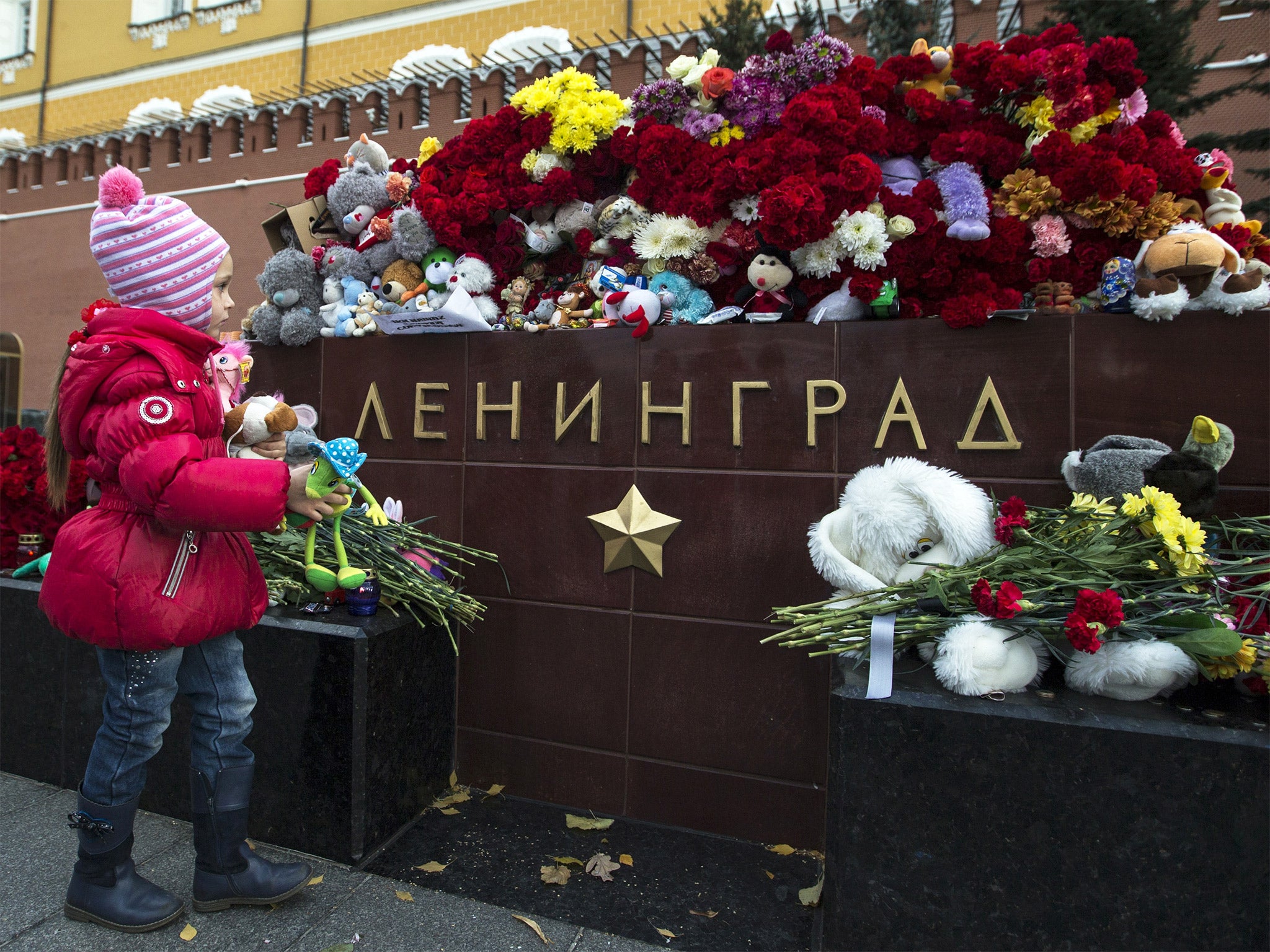 A young mourner places toys at the Tomb of the Unknown Soldier in Moscow for the crash victims