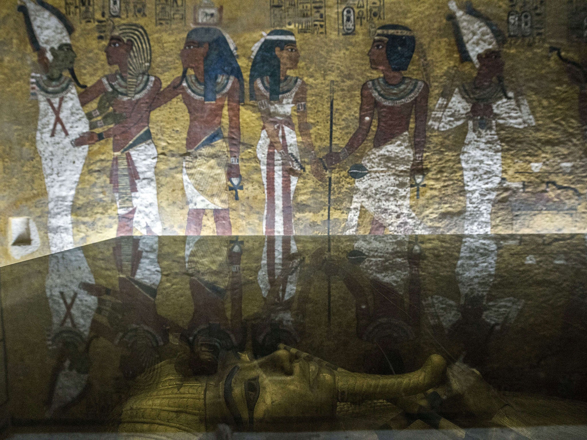 The golden sarcophagus of King Tutankhamun in his burial chamber at the Valley of the Kings