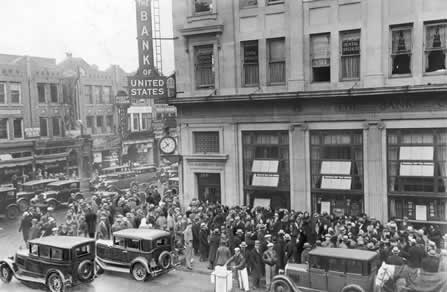 People outside a closed bank after the Wall Street Crash