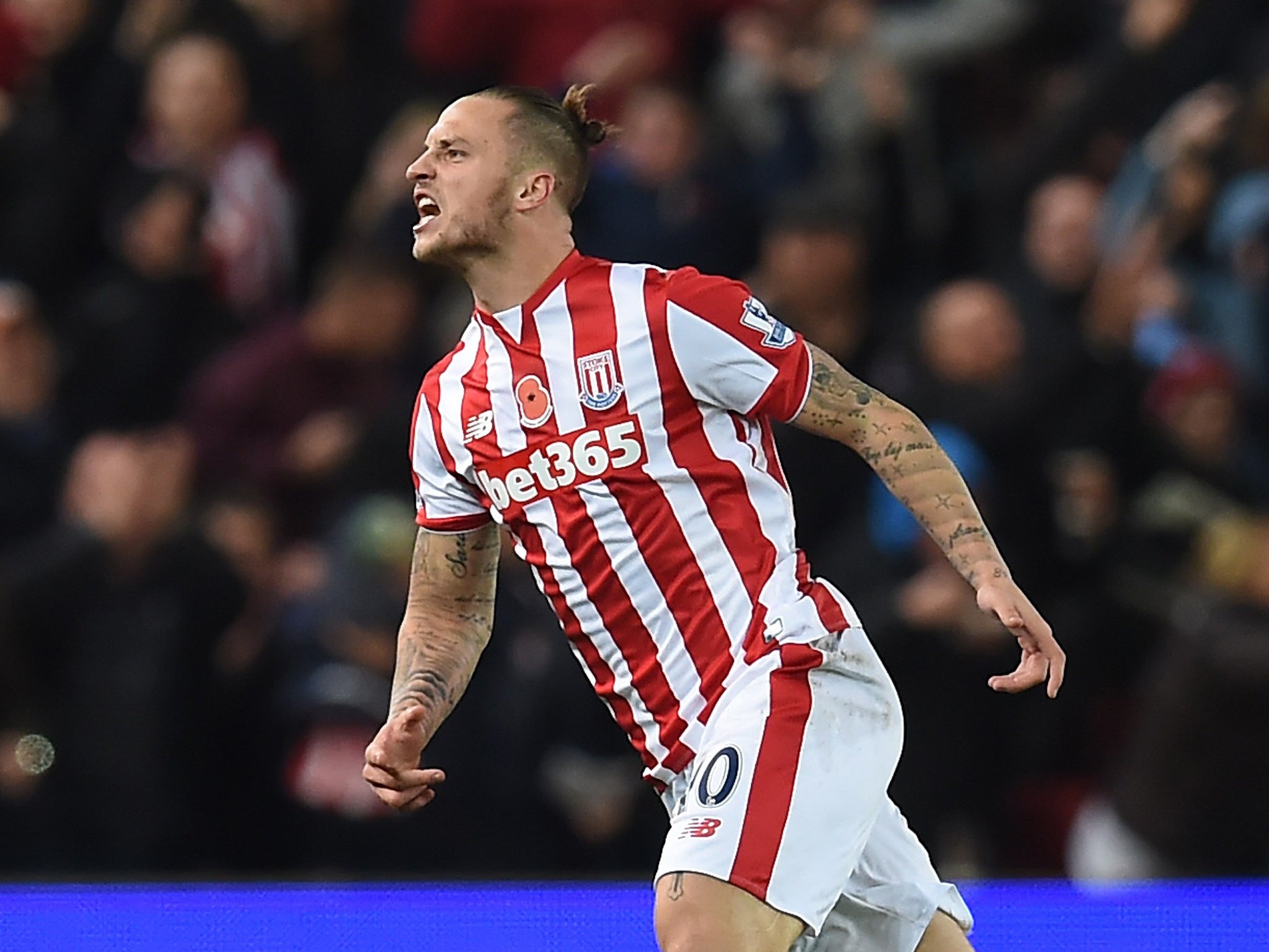 Stoke's Marko Arnautovic celebrates his winning goal