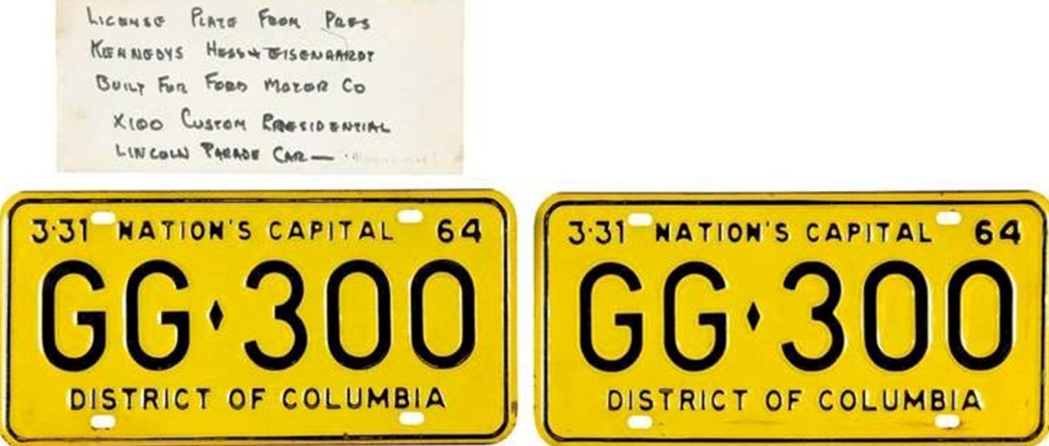 A pair of license plates from the limousine that drove President John F. Kennedy when he was assassinated