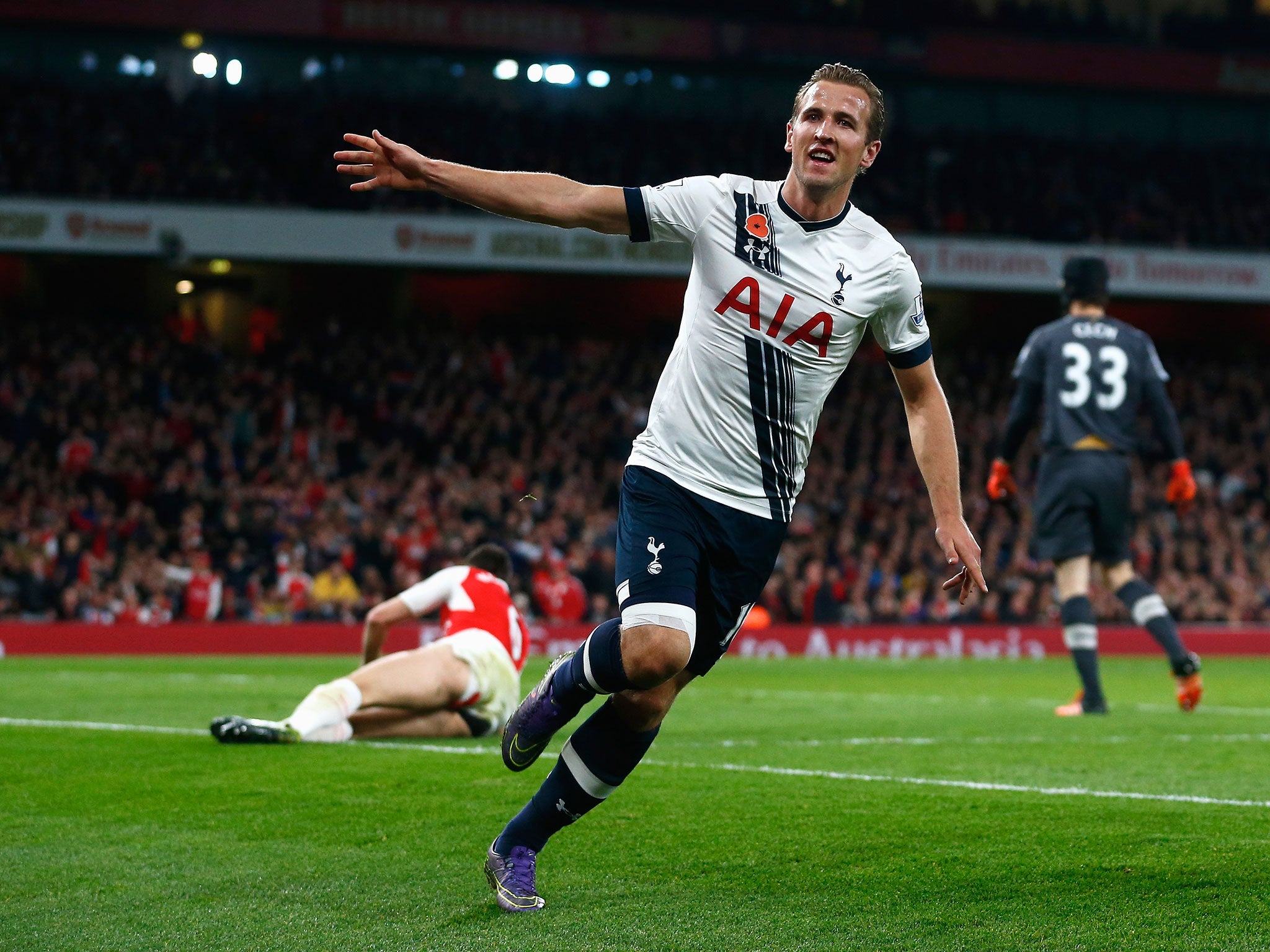 Harry Kane celebrates scoring against Arsenal