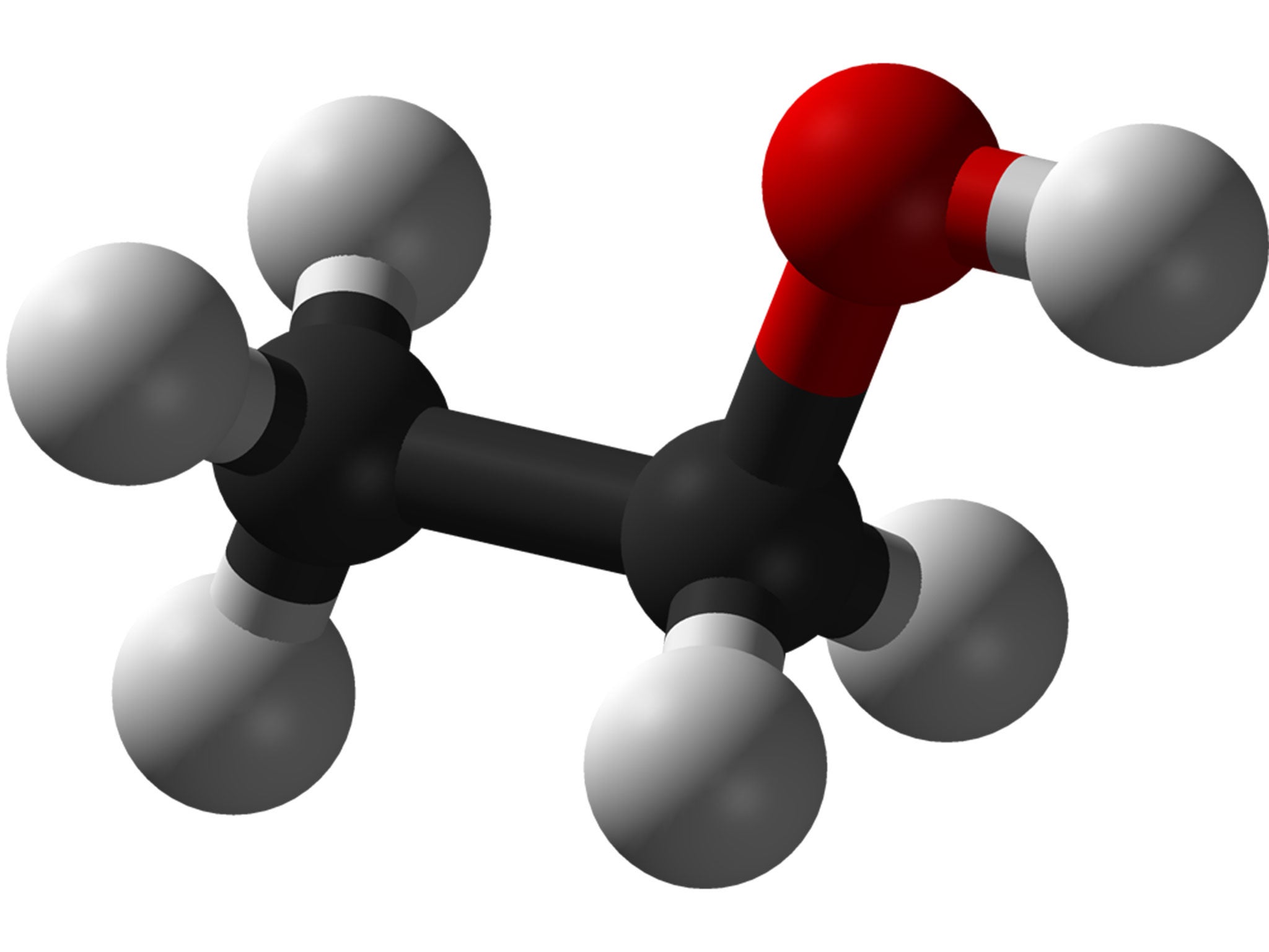 The particular shape of an ethanol molecule makes it ideally suited to getting humans drunk. Slight differences in the charge at each end of the molecule make it both water and fat soluble. Red atom = Oxygen - White atoms = Hydrogen - Black atoms = Carbon