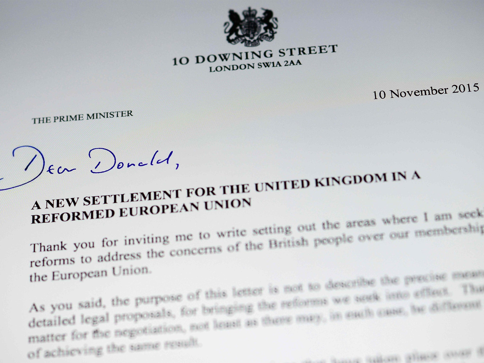 The letter sent by David Cameron to Donald Tusk, president of the European Council