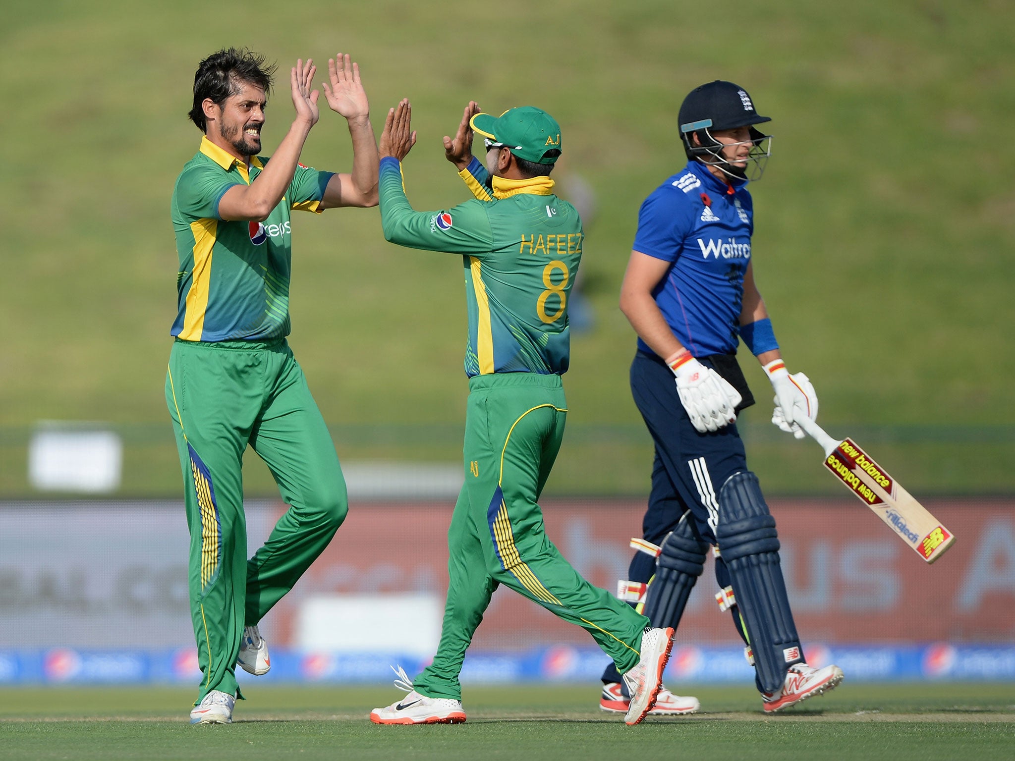 Anwar Ali of Pakistan celebrates with Mohammad Hafeez after dismissing Joe Root