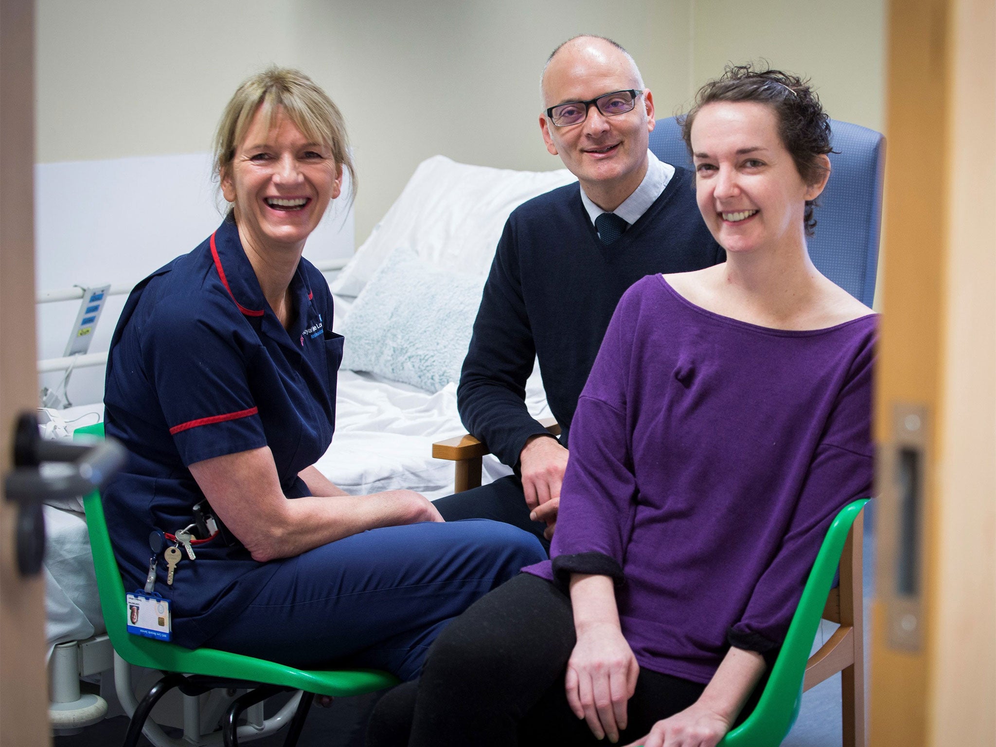 Pauline Cafferkey (right), with the Royal Free Hospital's Breda Athan, senior matron and high lvel isolation unit lead, and Dr Michael Jacobs, consultant in infectious diseases