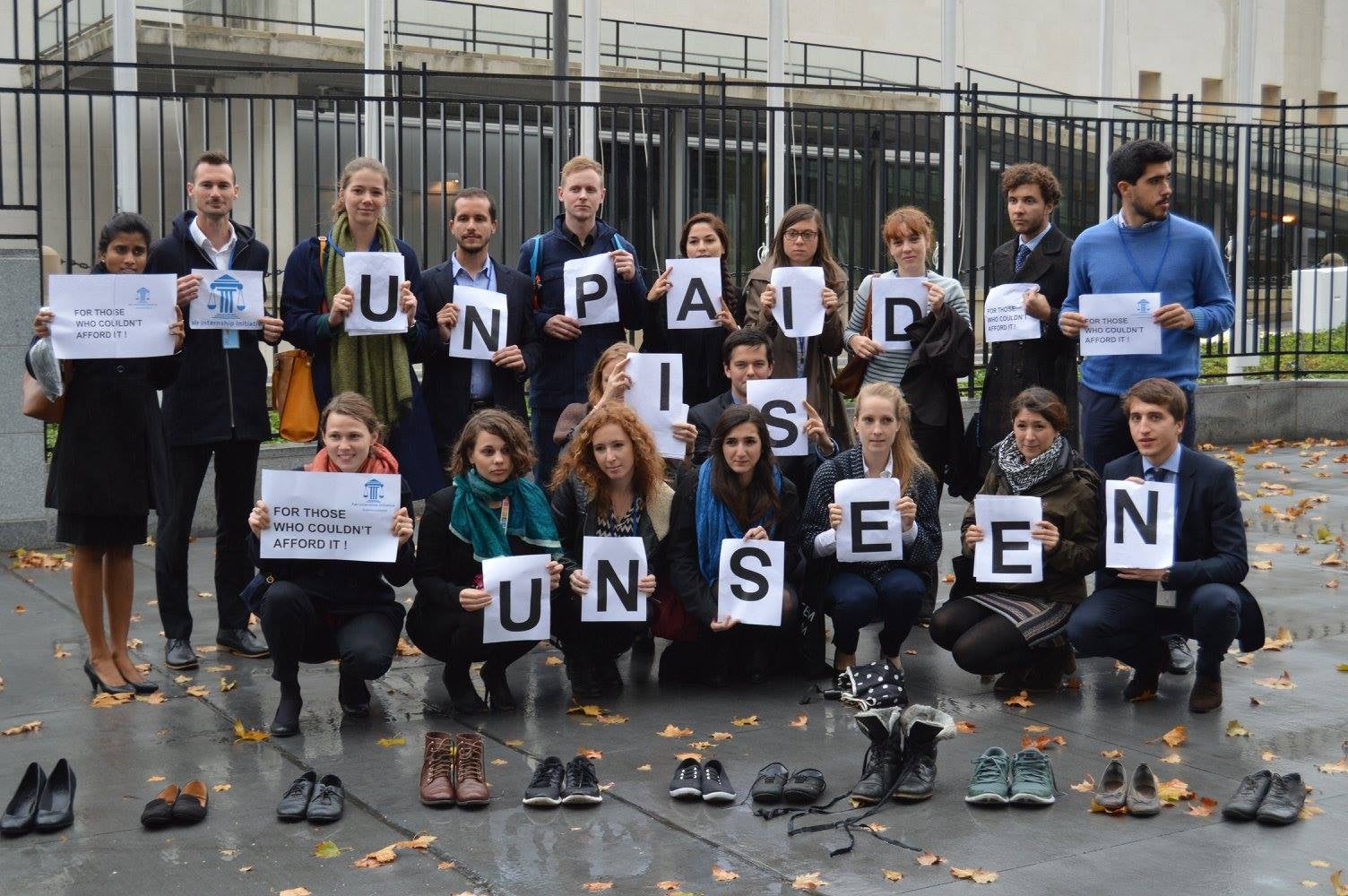 Demonstrators say they 'exposed the shoes of the invisible young people who cannot afford to work for free at the UN'