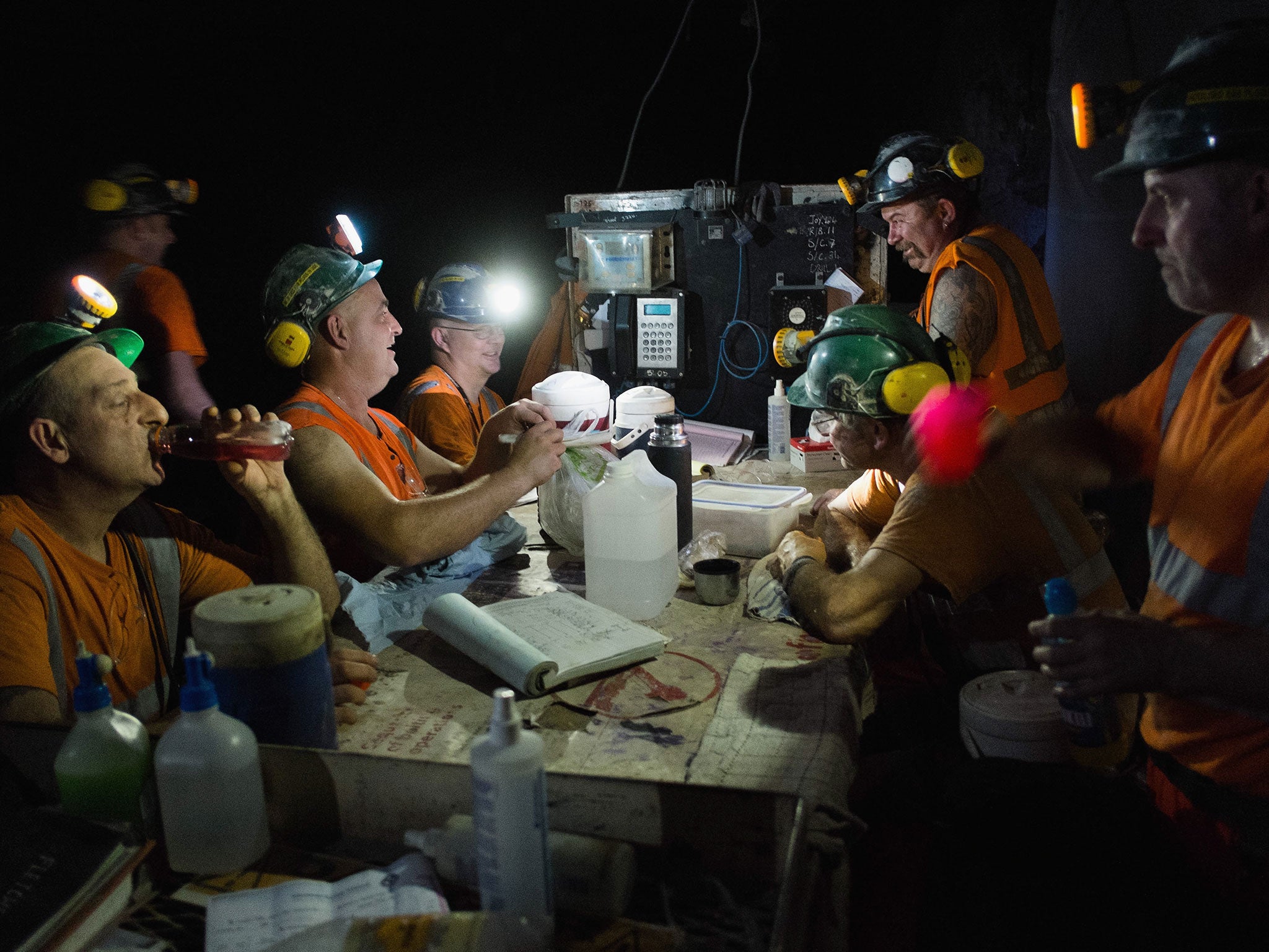 Miners working at the face of a potash seam take a short break at the Boulby Potash mine in Boulby, United Kingdom.