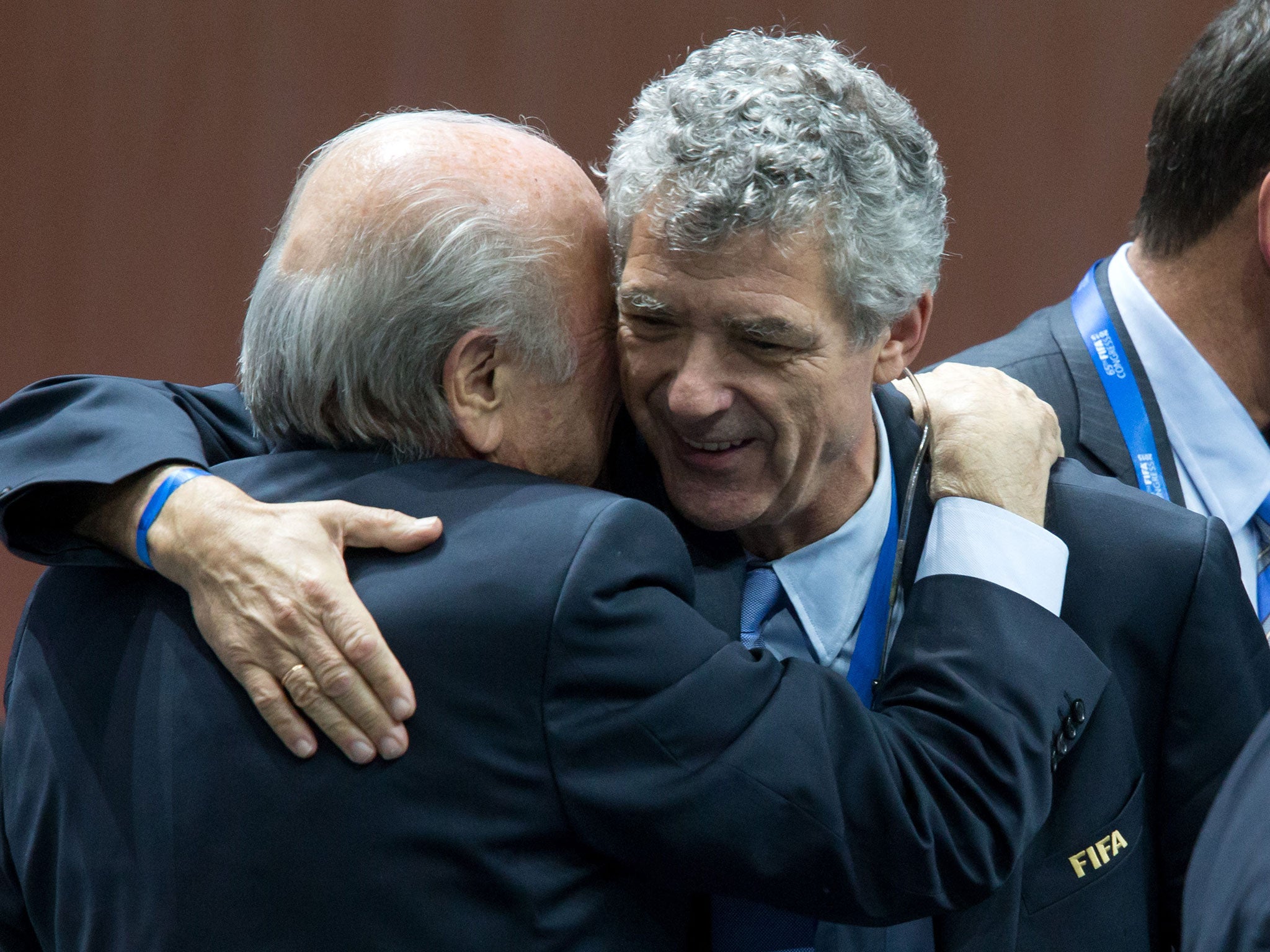 Angel Villar Llona hugs Sepp Blatter after May's Fifa Congress meeting