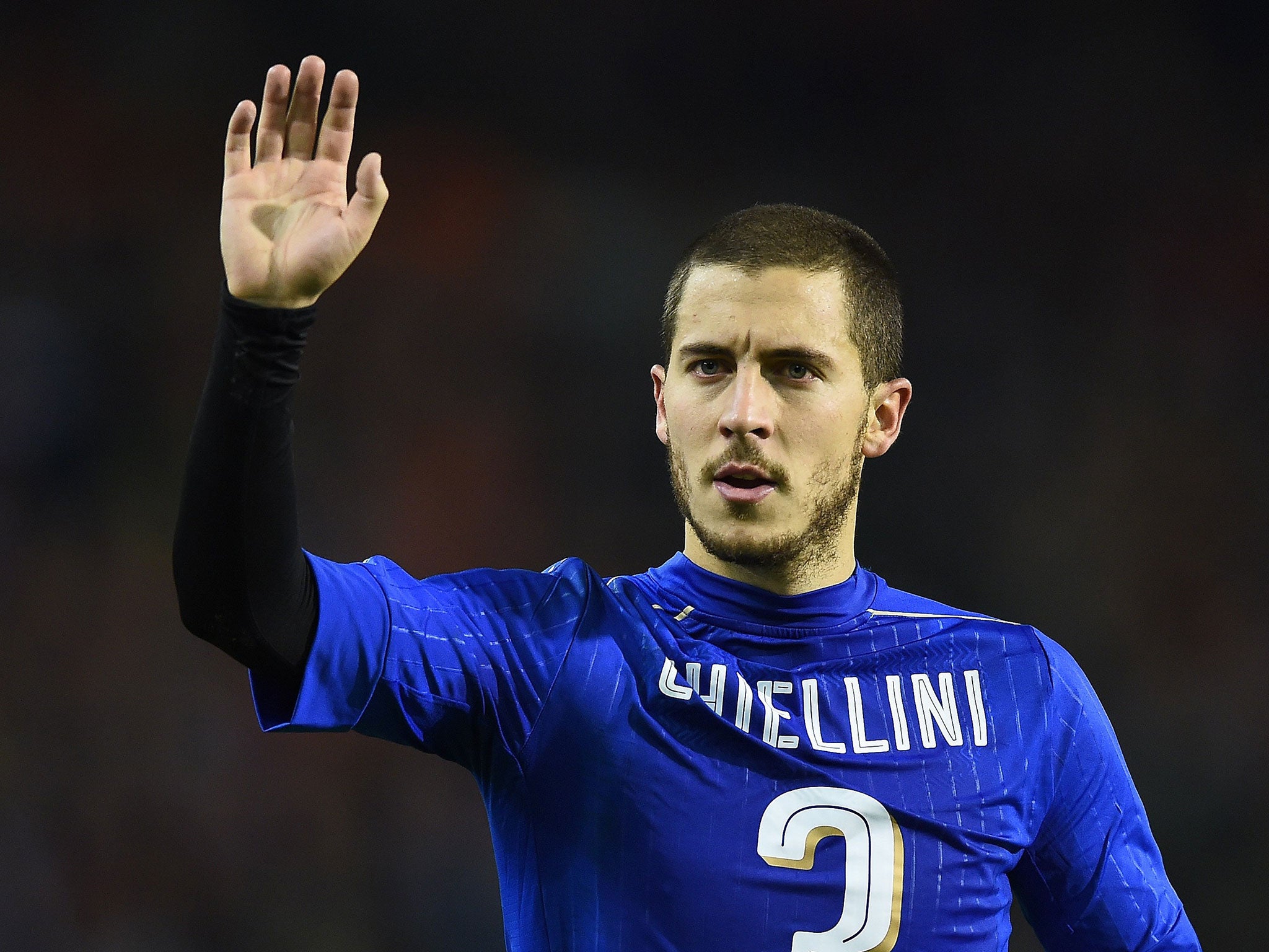 Chelsea winger Eden Hazard waves to the crowd after Belgium's win over Italy