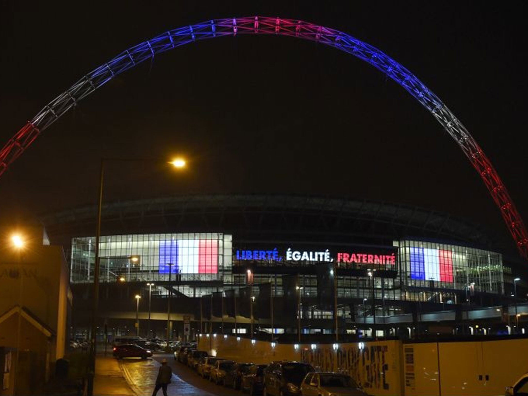 Wembley Stadium was lit up in the colours of the French Flag following the attacks