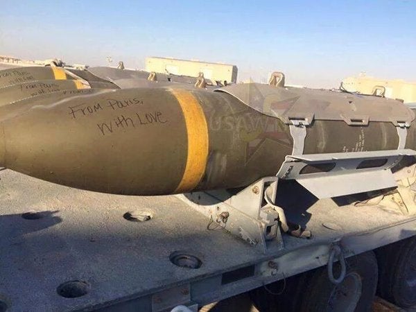 An image of US Hellfire missiles seemingly photoshopped with "From Paris, with love."