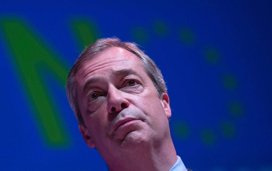 Nigel Farage addresses supporters at a 'Say No To Europe' meeting in Basingstoke, England