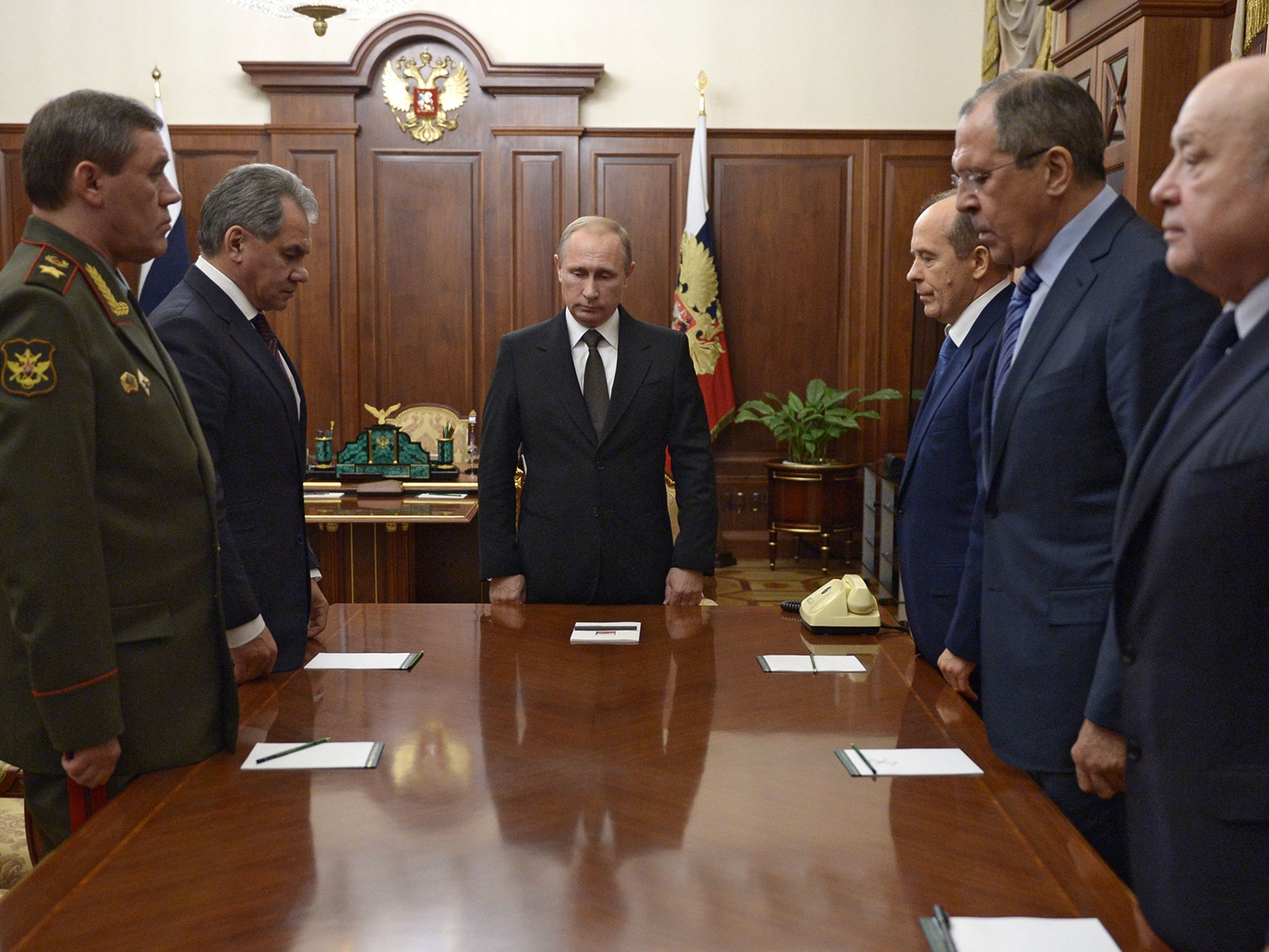 Alexander Bortnikov (3rd from right), head of the Federal Security Service and Mikhail Fradkov, director of Foreign Intelligence Services (right), are both concerned by the sanctions