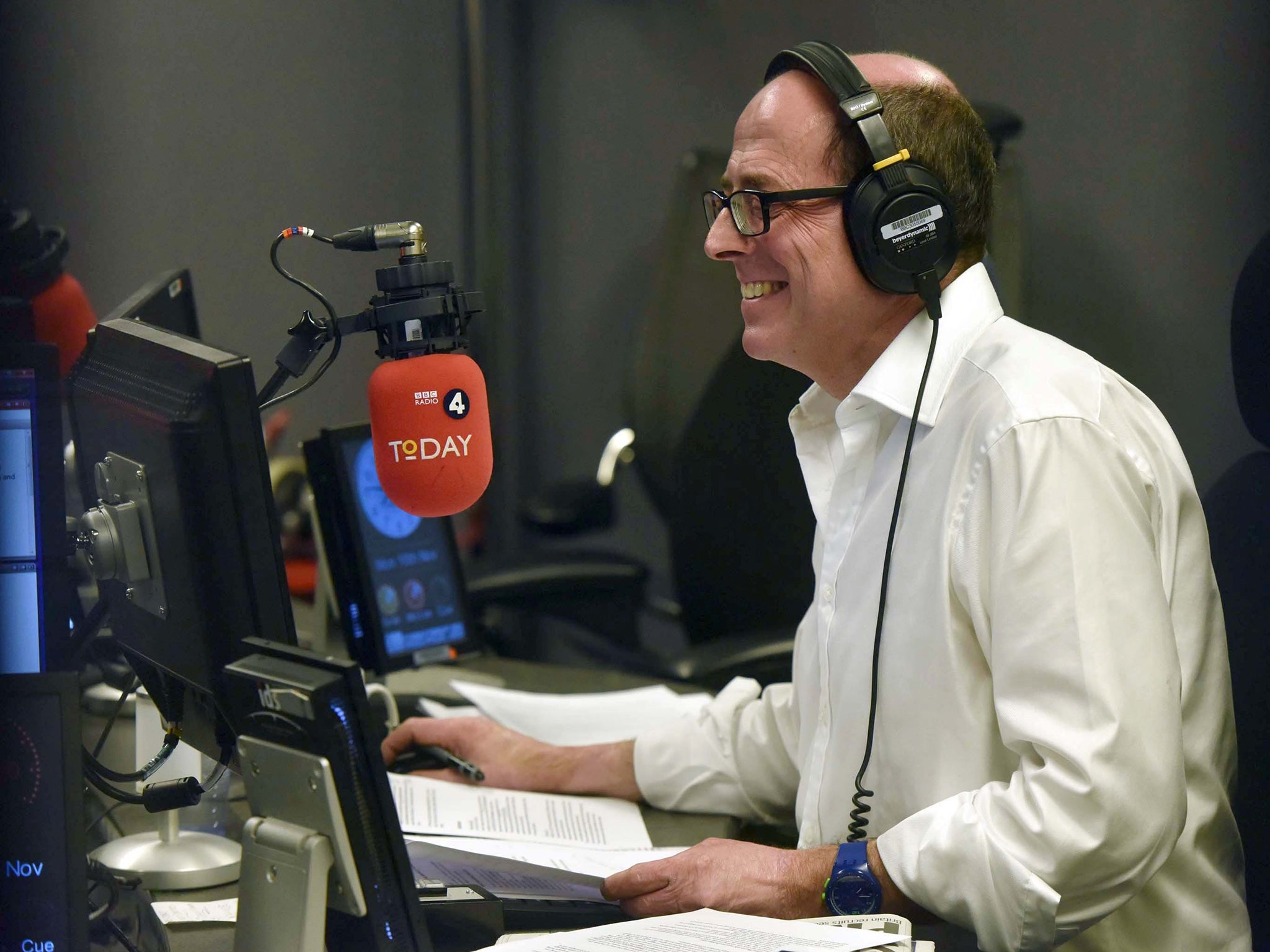 Nick Robinson in the studio on his first day presenting BBC Radio 4's Today programme. He withdrew from his second day presenting the programme, raising concerns over his voice