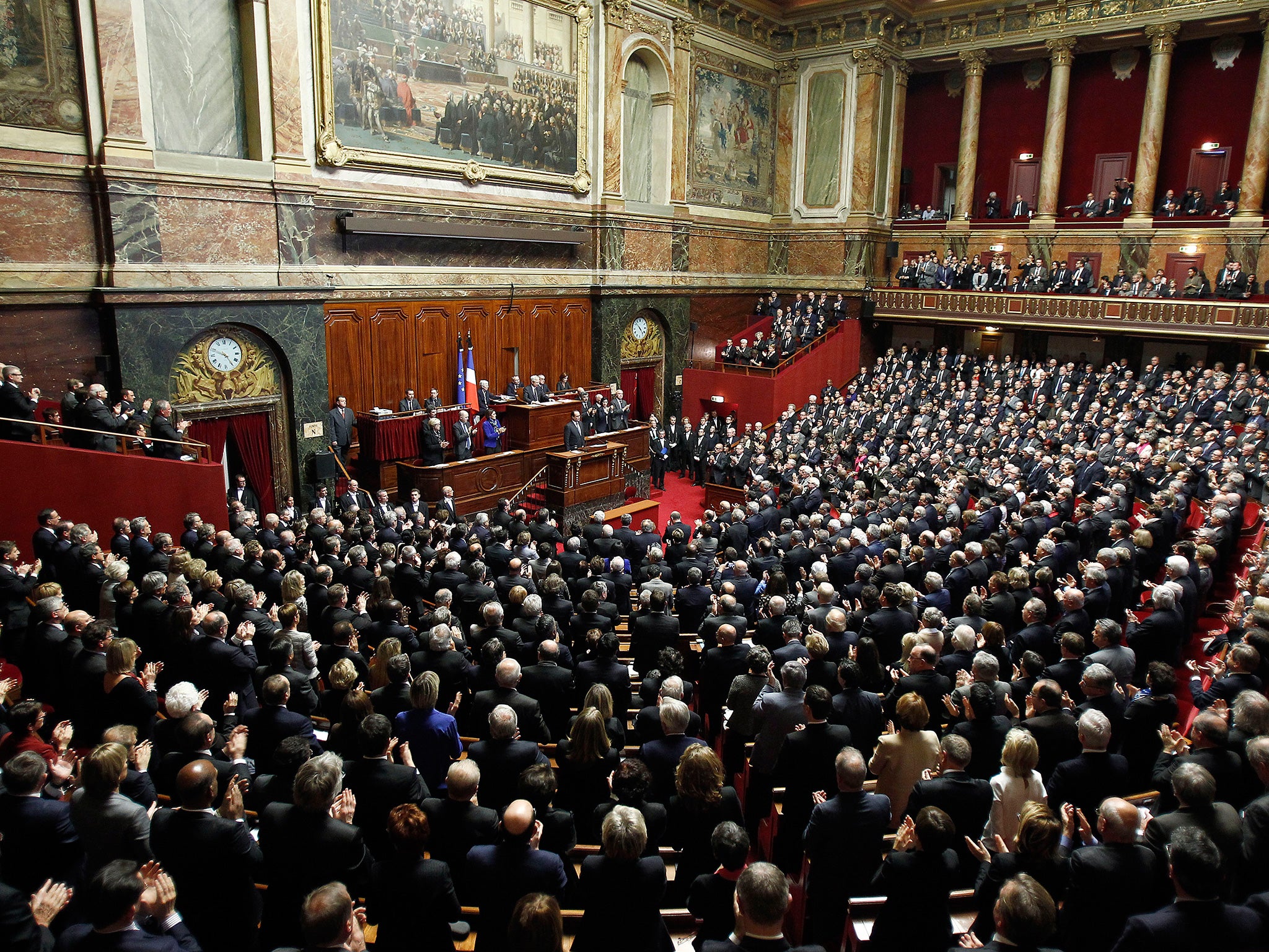 French President Francois Hollande delivers a speech during an exceptional joint gathering of both of the French houses of parliament