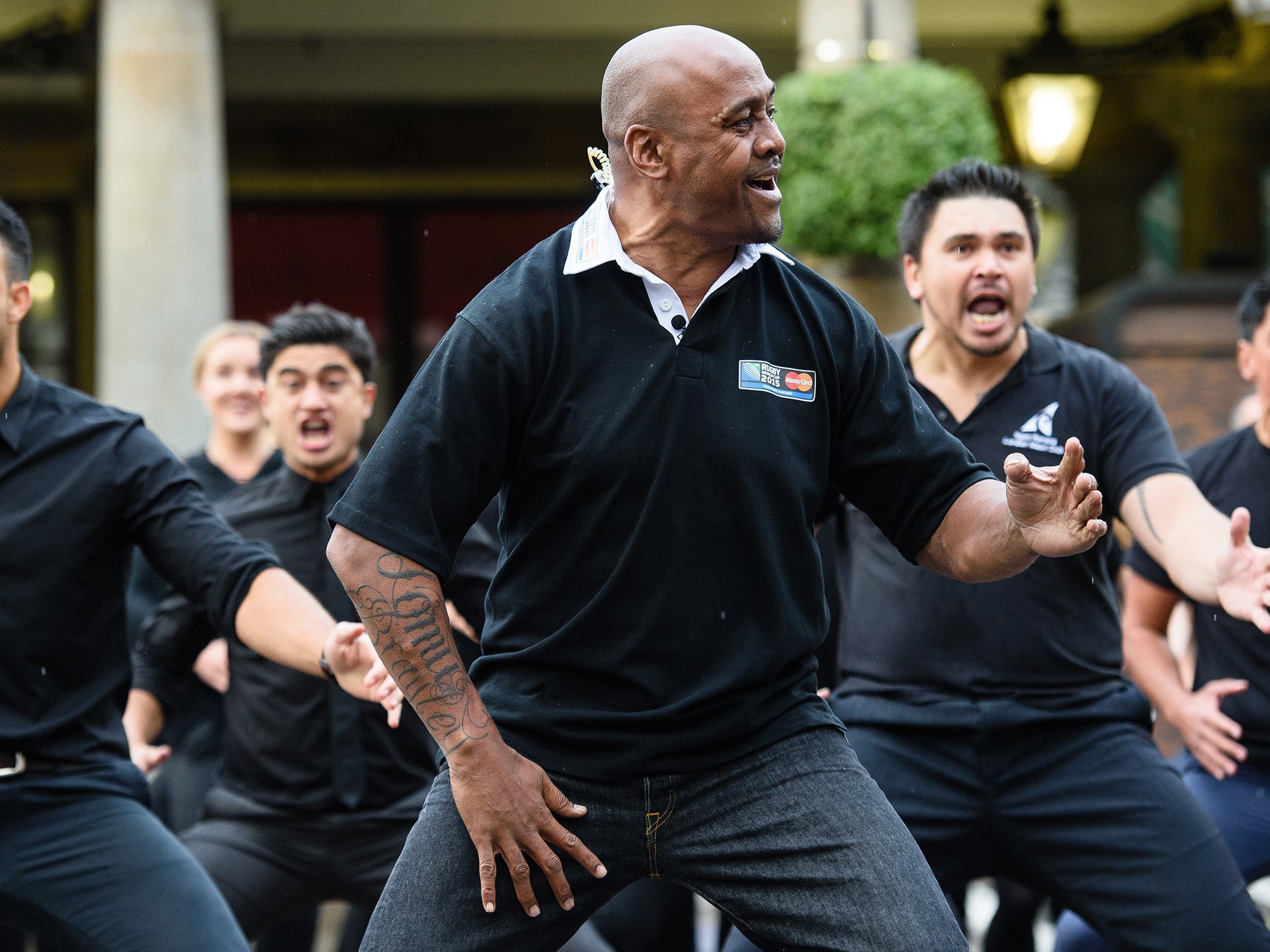 Jonah Lomu and members of the Ngati Ranana London Maori Club take part in a haka