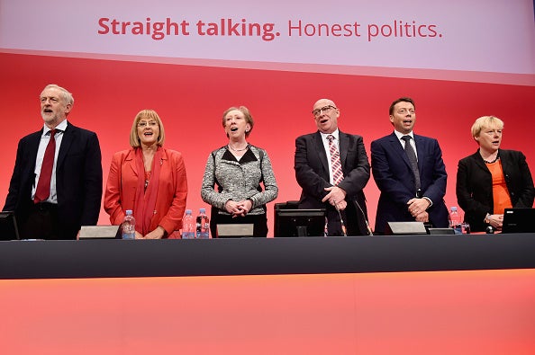 Singing 'The Red Flag' on the last day of Labour conference in Brighton, 30 September 2015 (Getty)