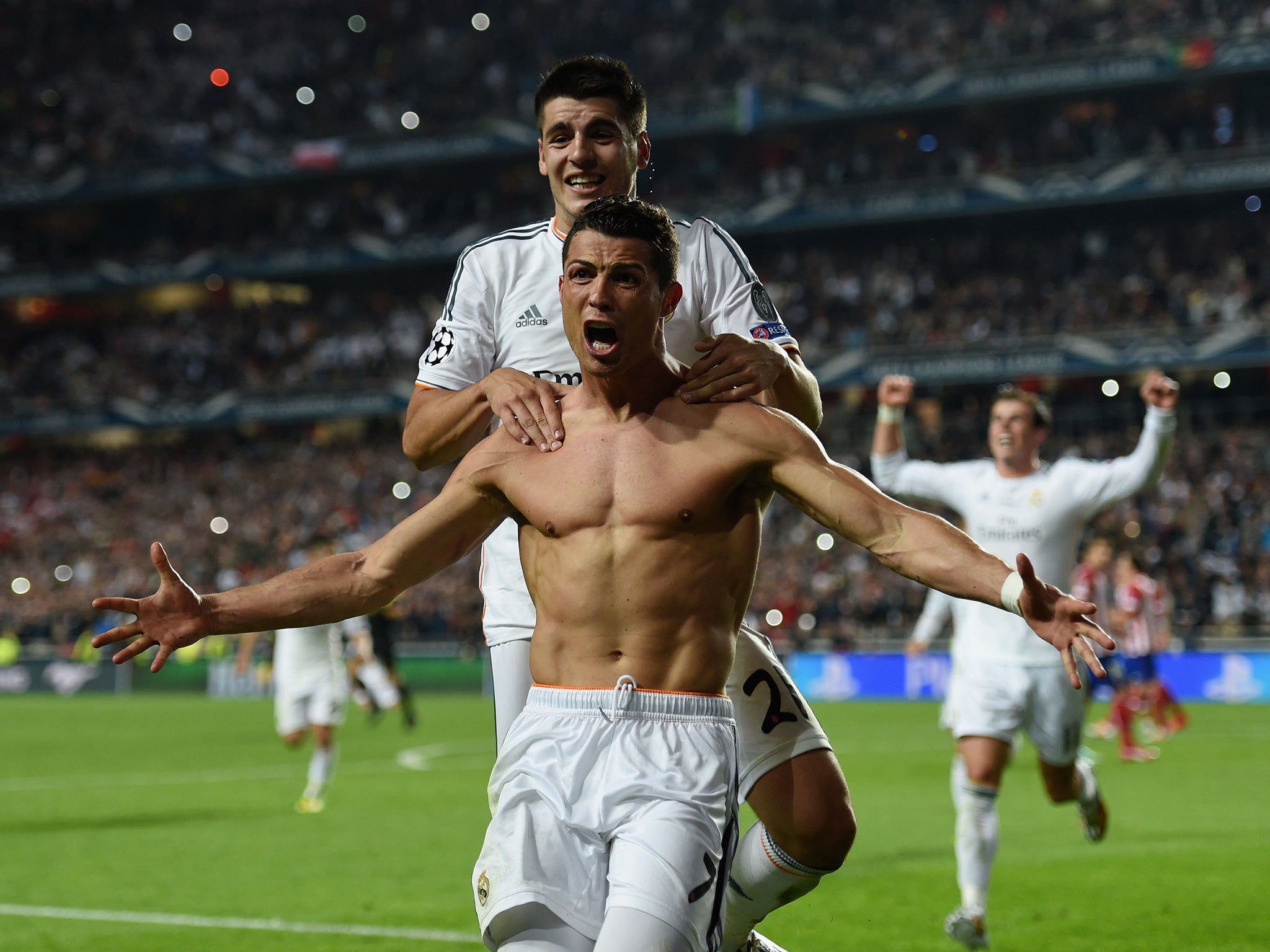 Alvaro Morata celebrates with Cristiano Ronaldo as Real Madrid during the 2014 Champions League final