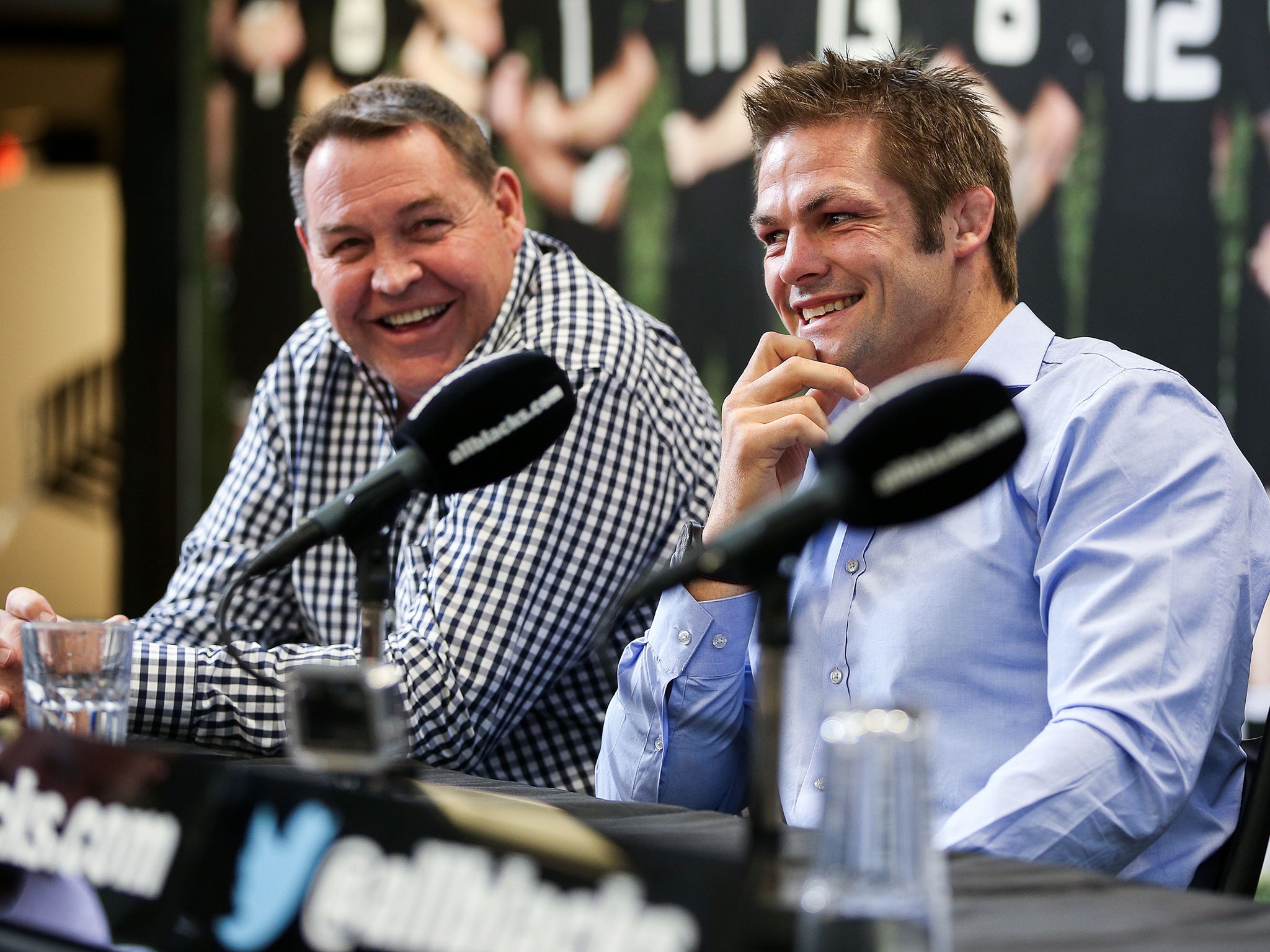 New Zealand coach Steve Hansen, left, with retiring captain Richie McCaw