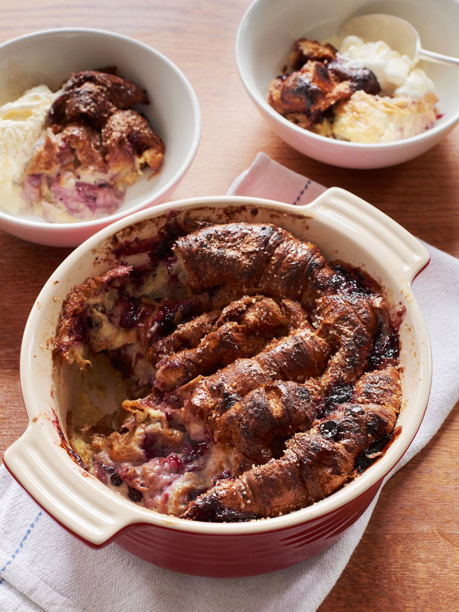 Jam and croissant pudding is best when served with vanilla ice cream