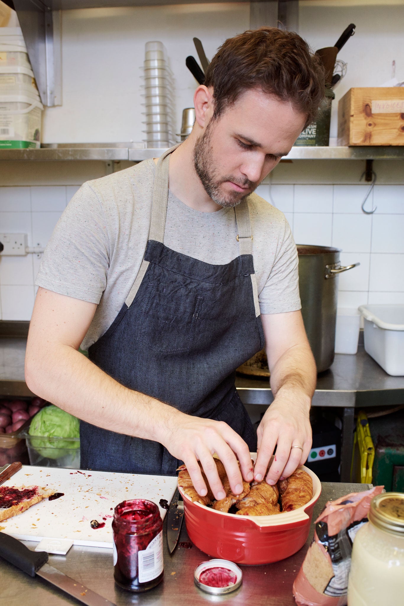 Ed prepares his jam and croissant pudding