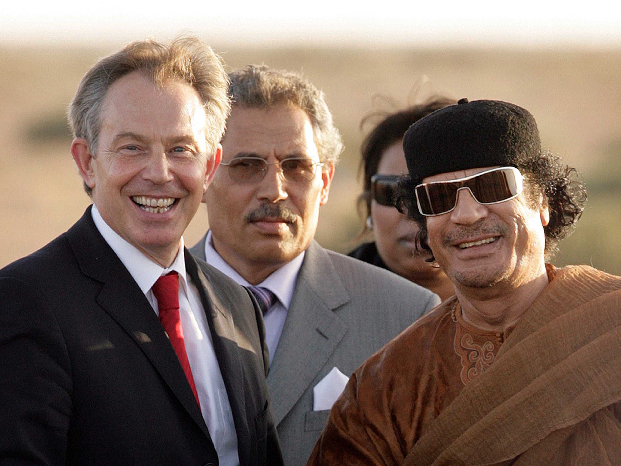 Tony Blair with Colonel Muammar al-Gaddafi during a five day visit meeting with African leaders in 2007